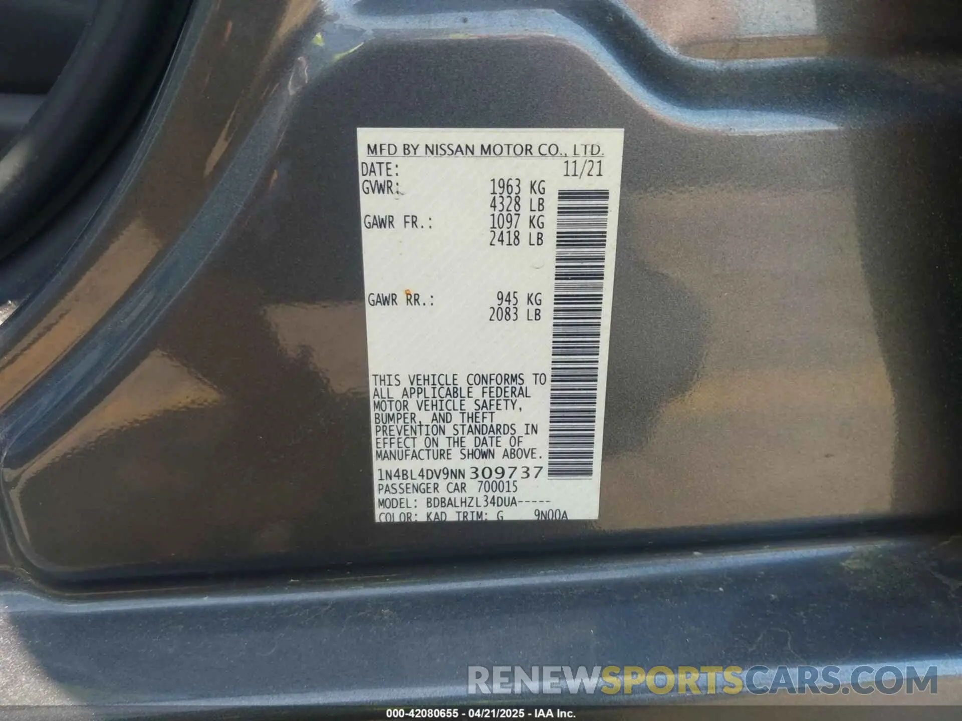 9 Фотография поврежденного автомобиля 1N4BL4DV9NN309737 NISSAN ALTIMA 2022