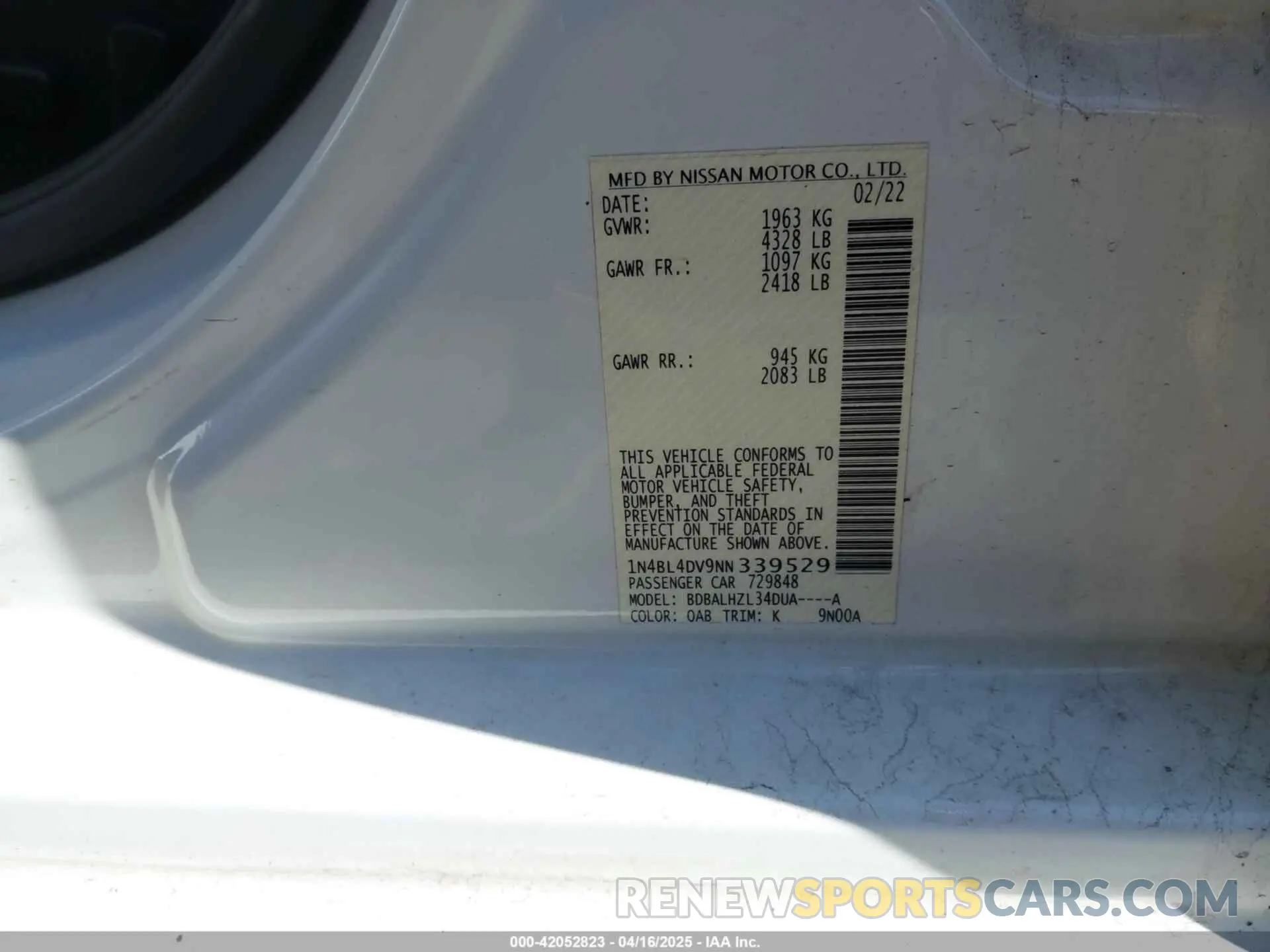 9 Photograph of a damaged car 1N4BL4DV9NN339529 NISSAN ALTIMA 2022