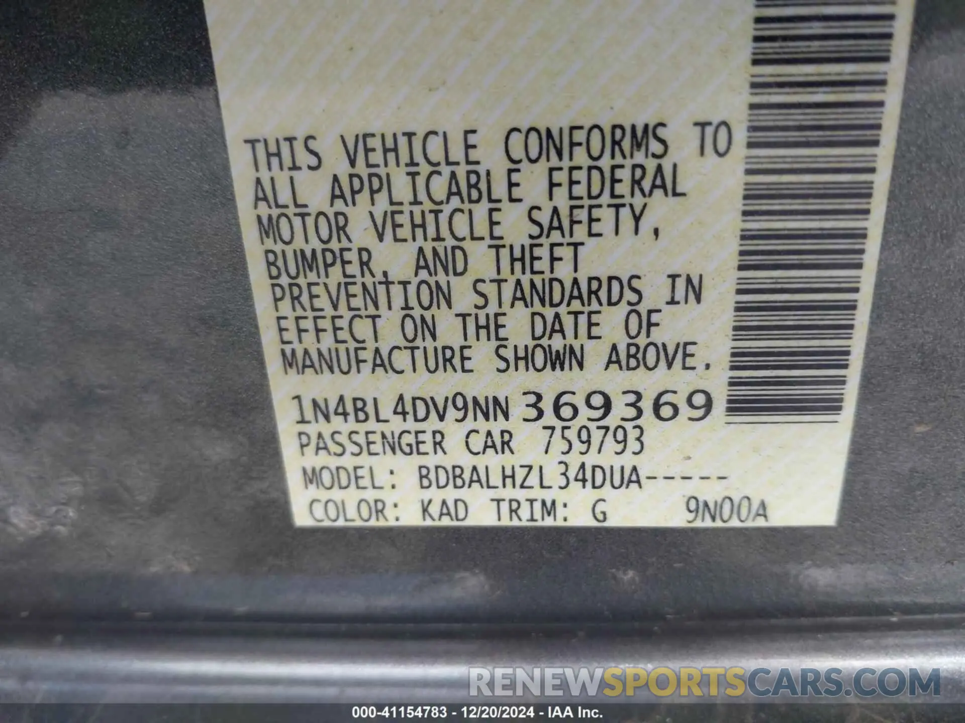 9 Photograph of a damaged car 1N4BL4DV9NN369369 NISSAN ALTIMA 2022