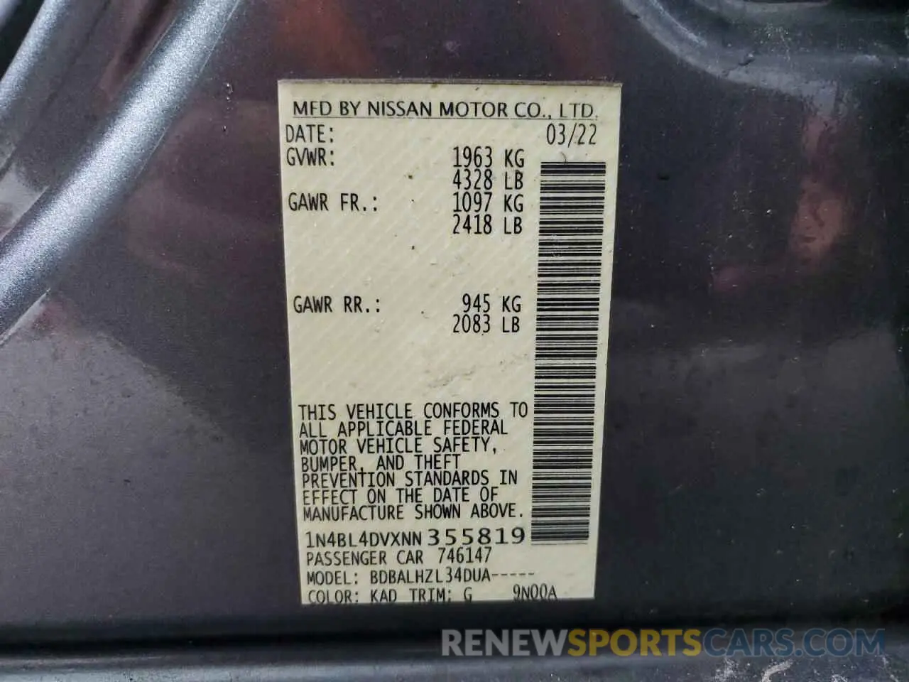 13 Photograph of a damaged car 1N4BL4DVXNN355819 NISSAN ALTIMA 2022