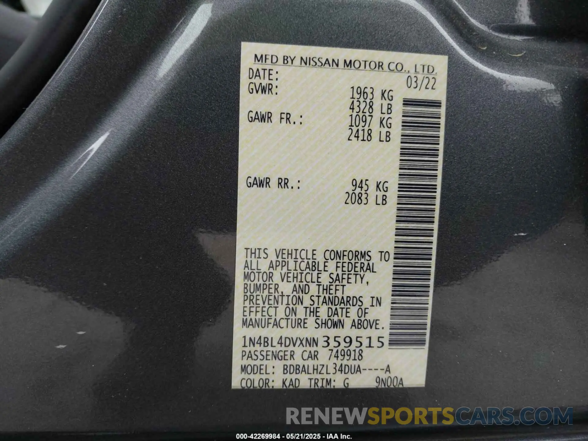9 Photograph of a damaged car 1N4BL4DVXNN359515 NISSAN ALTIMA 2022