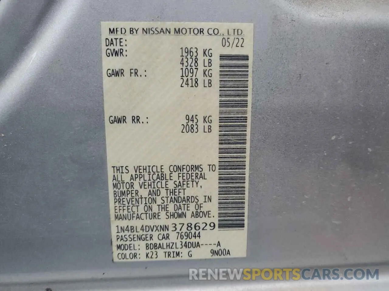 12 Photograph of a damaged car 1N4BL4DVXNN378629 NISSAN ALTIMA 2022