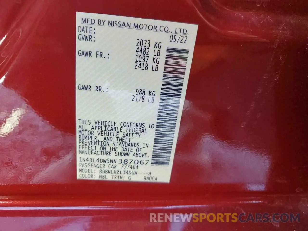 12 Photograph of a damaged car 1N4BL4DW5NN387067 NISSAN ALTIMA 2022