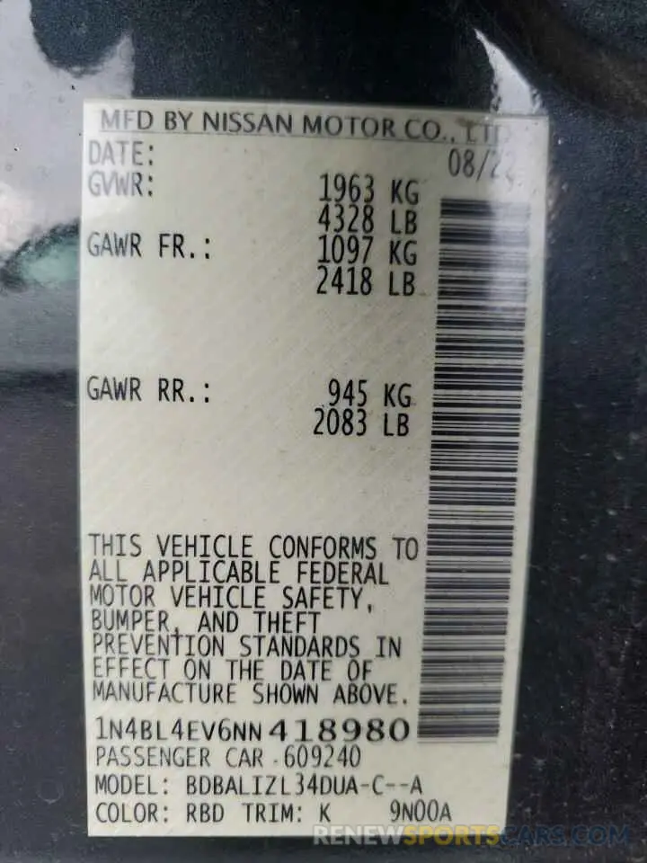 13 Photograph of a damaged car 1N4BL4EV6NN418980 NISSAN ALTIMA 2022