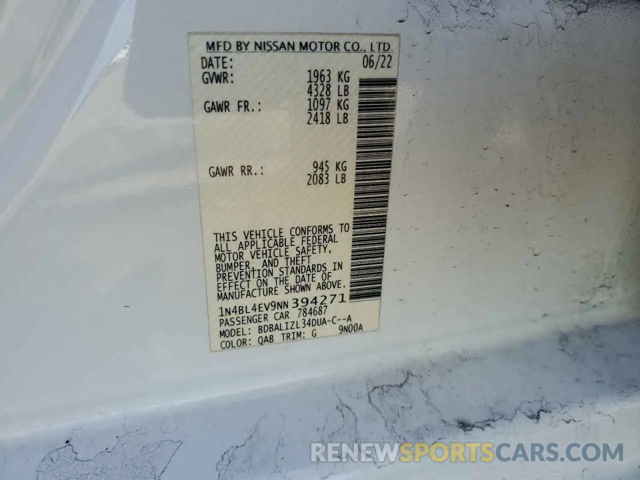 12 Photograph of a damaged car 1N4BL4EV9NN394271 NISSAN ALTIMA 2022