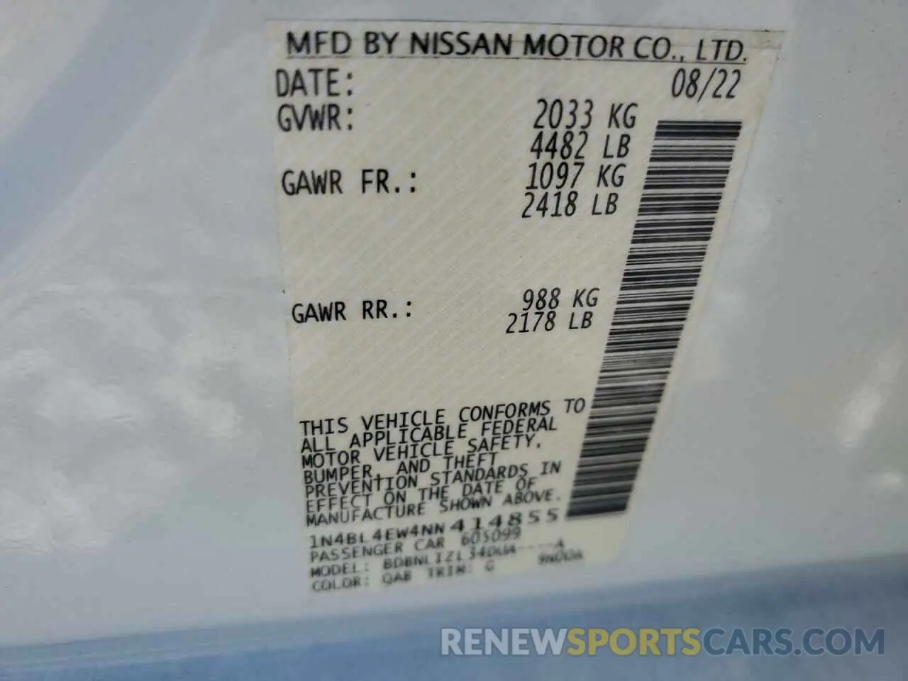 12 Фотография поврежденного автомобиля 1N4BL4EW4NN414855 NISSAN ALTIMA 2022