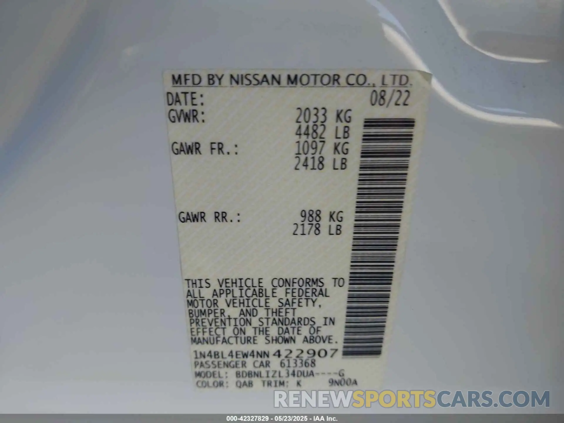 9 Photograph of a damaged car 1N4BL4EW4NN422907 NISSAN ALTIMA 2022