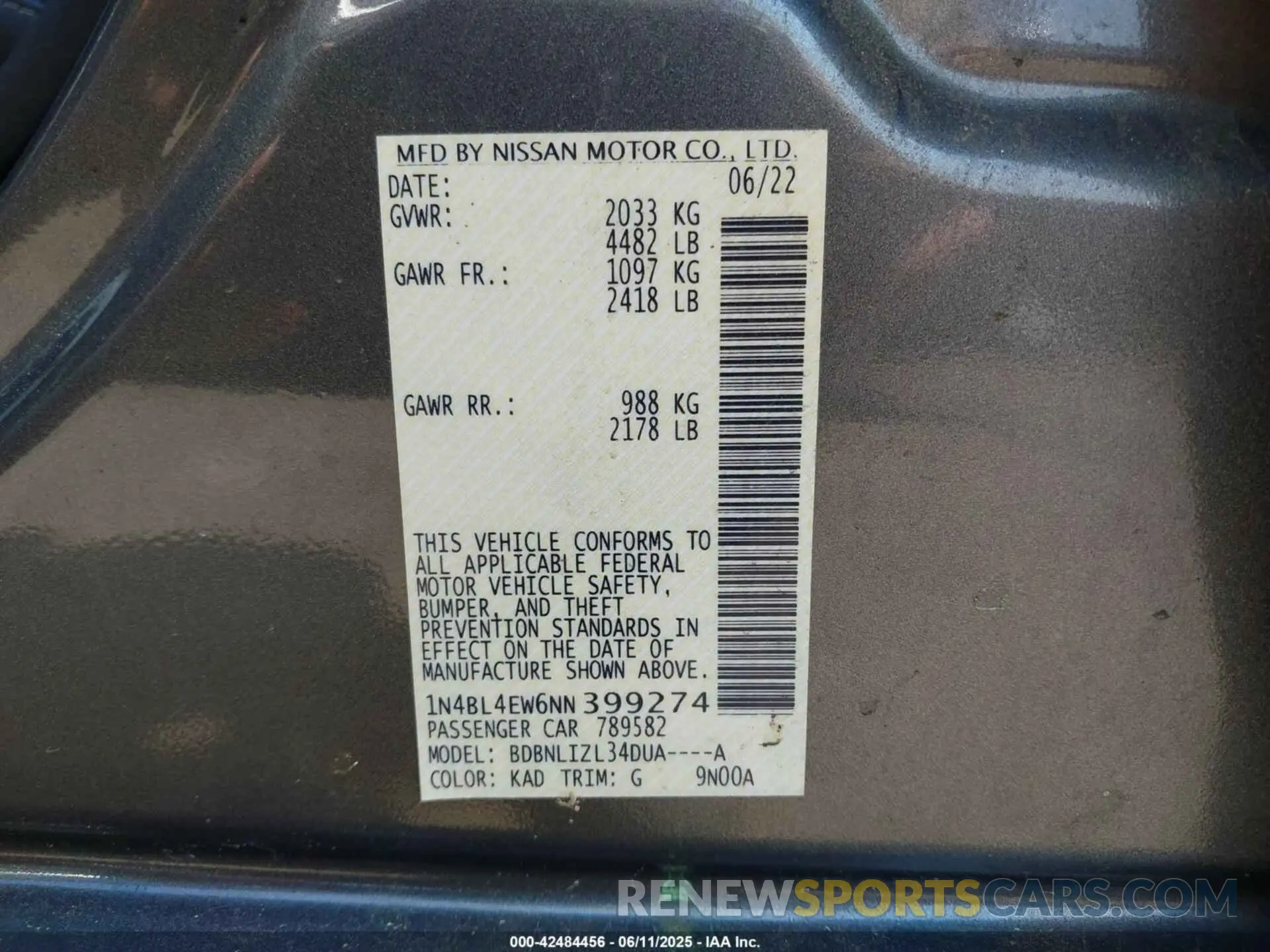 9 Photograph of a damaged car 1N4BL4EW6NN399274 NISSAN ALTIMA 2022