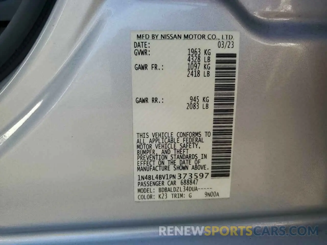 12 Фотография поврежденного автомобиля 1N4BL4BV1PN373597 NISSAN ALTIMA 2023