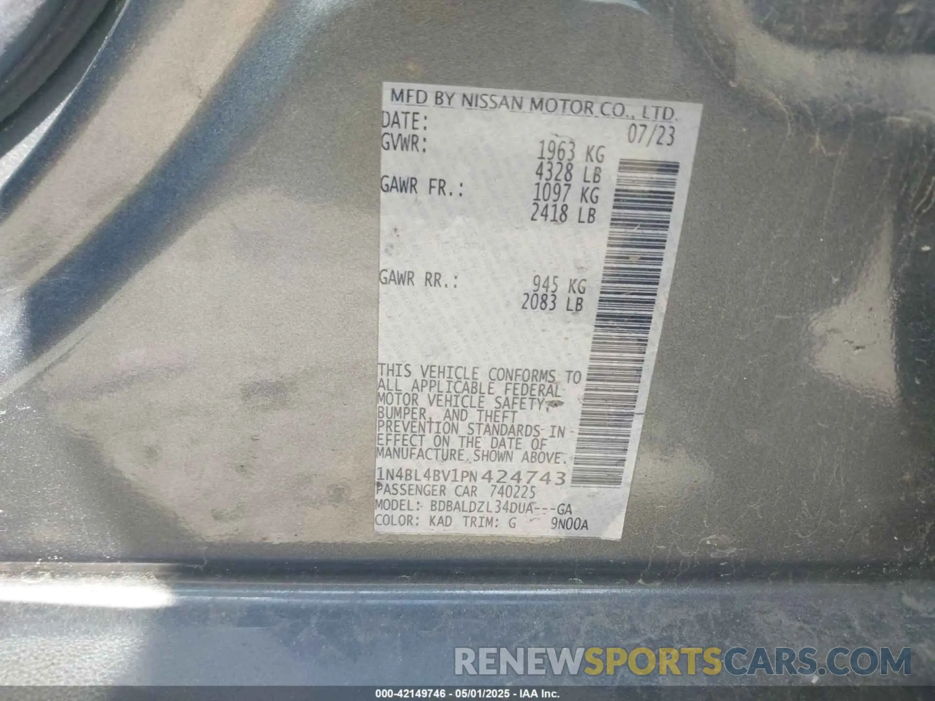 9 Photograph of a damaged car 1N4BL4BV1PN424743 NISSAN ALTIMA 2023