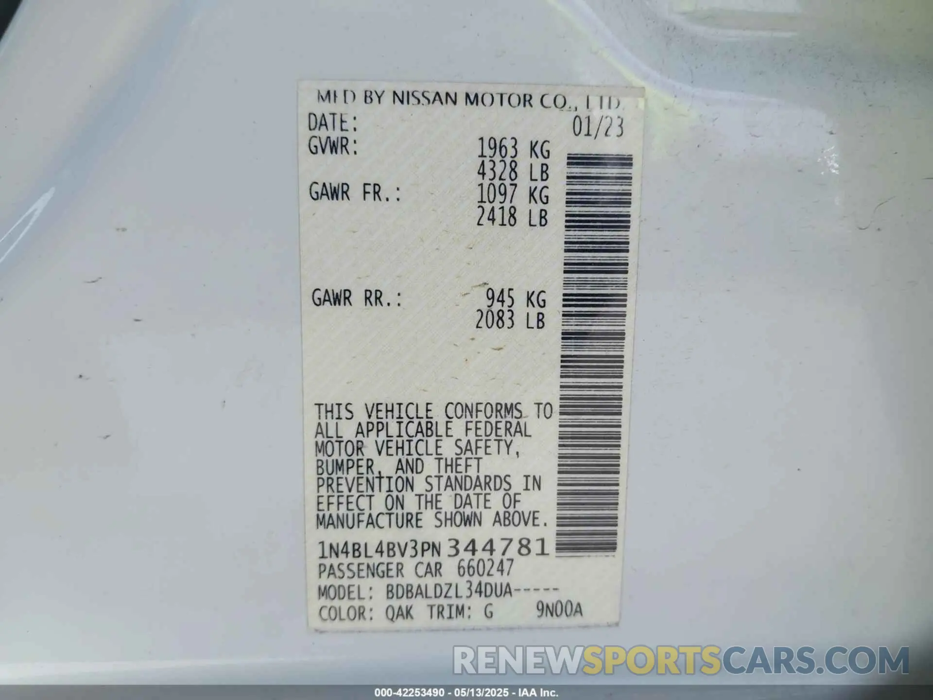 9 Фотография поврежденного автомобиля 1N4BL4BV3PN344781 NISSAN ALTIMA 2023