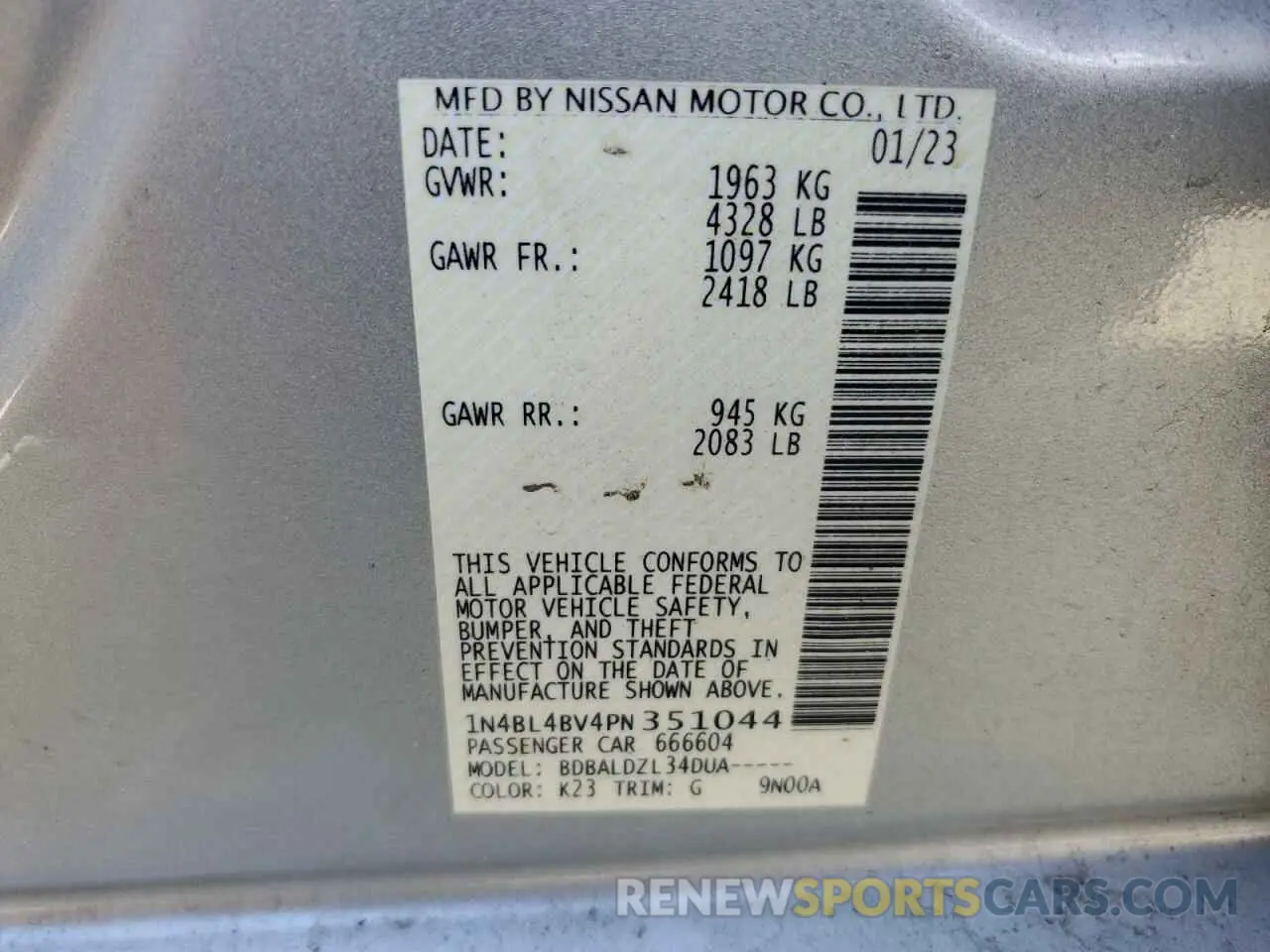 12 Фотография поврежденного автомобиля 1N4BL4BV4PN351044 NISSAN ALTIMA 2023
