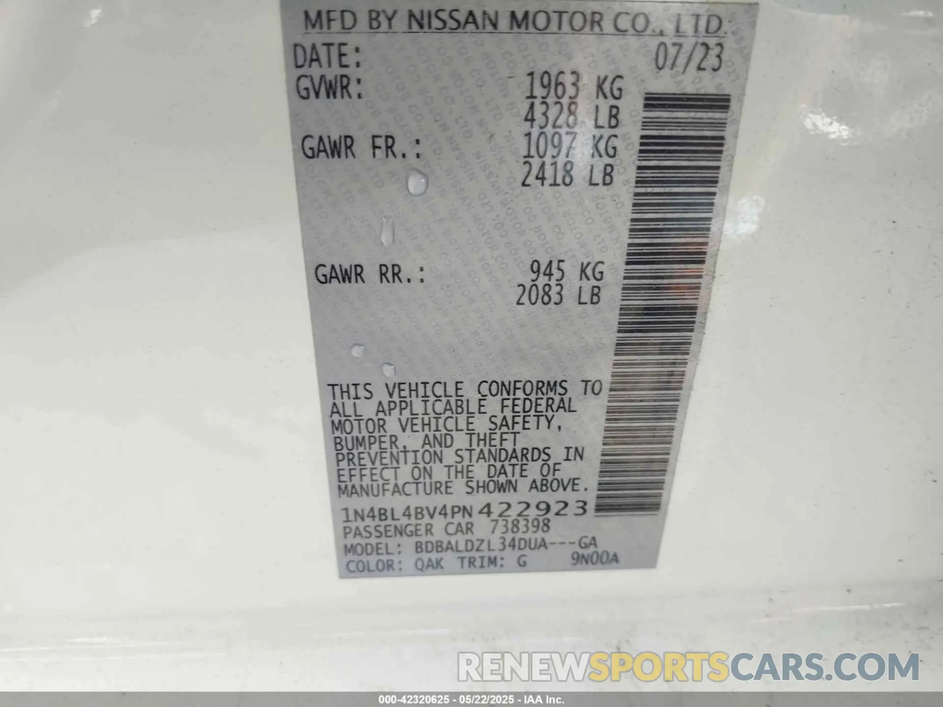 9 Photograph of a damaged car 1N4BL4BV4PN422923 NISSAN ALTIMA 2023