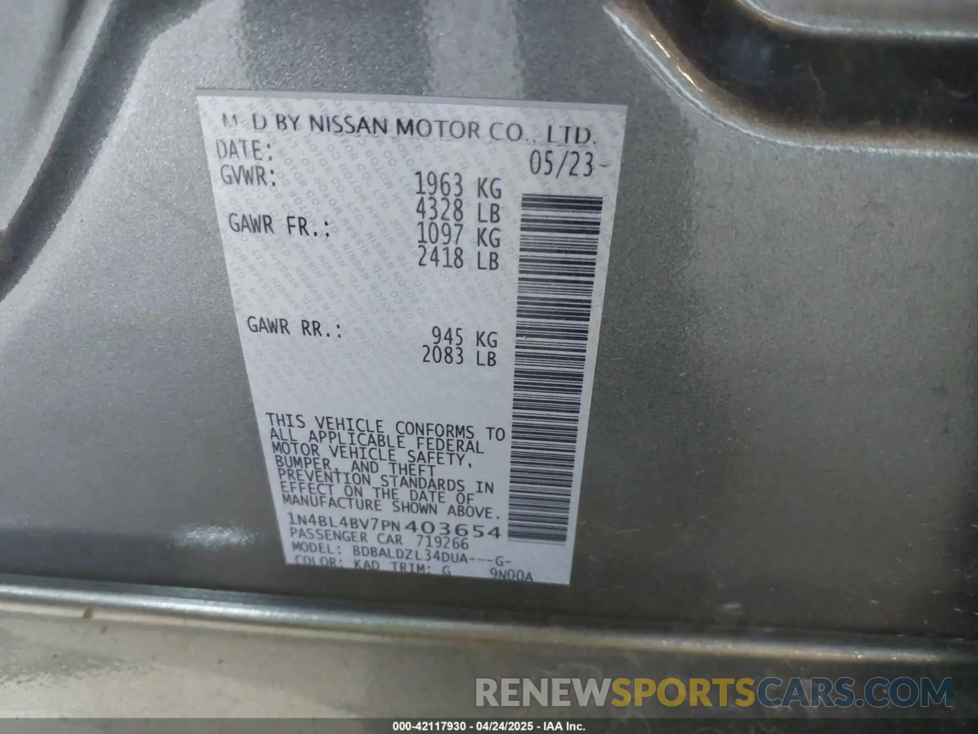 9 Фотография поврежденного автомобиля 1N4BL4BV7PN403654 NISSAN ALTIMA 2023