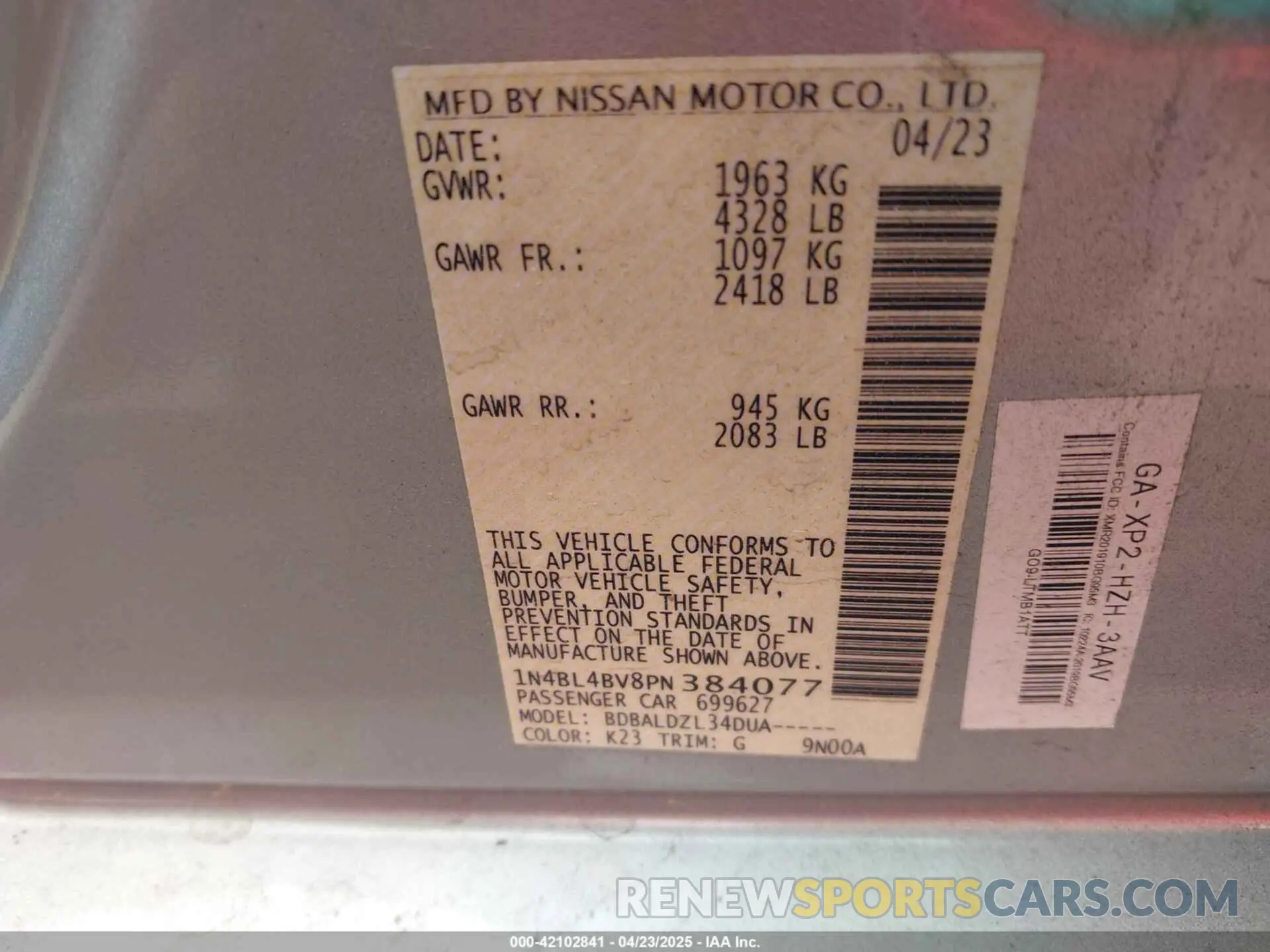 9 Photograph of a damaged car 1N4BL4BV8PN384077 NISSAN ALTIMA 2023