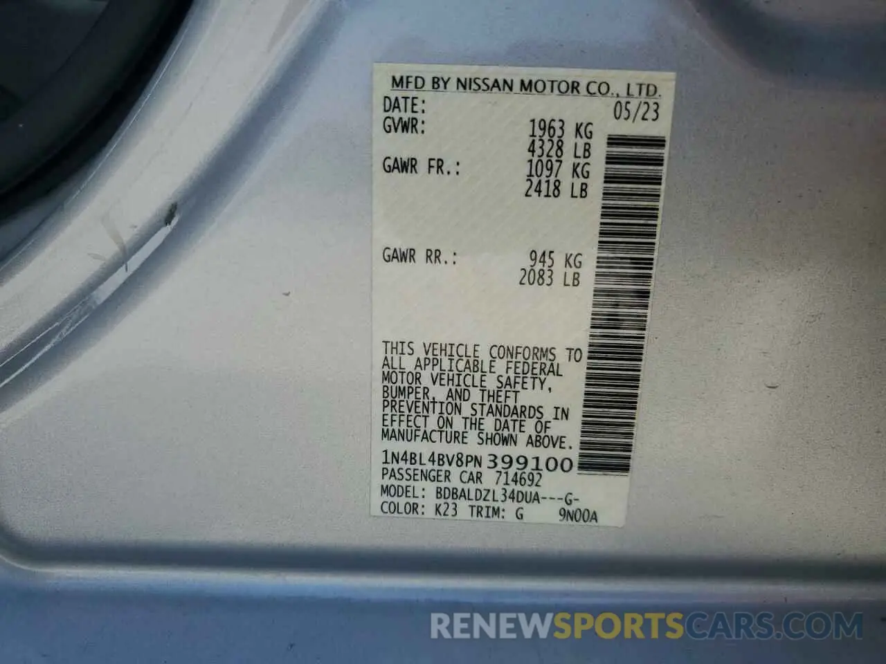 12 Фотография поврежденного автомобиля 1N4BL4BV8PN399100 NISSAN ALTIMA 2023
