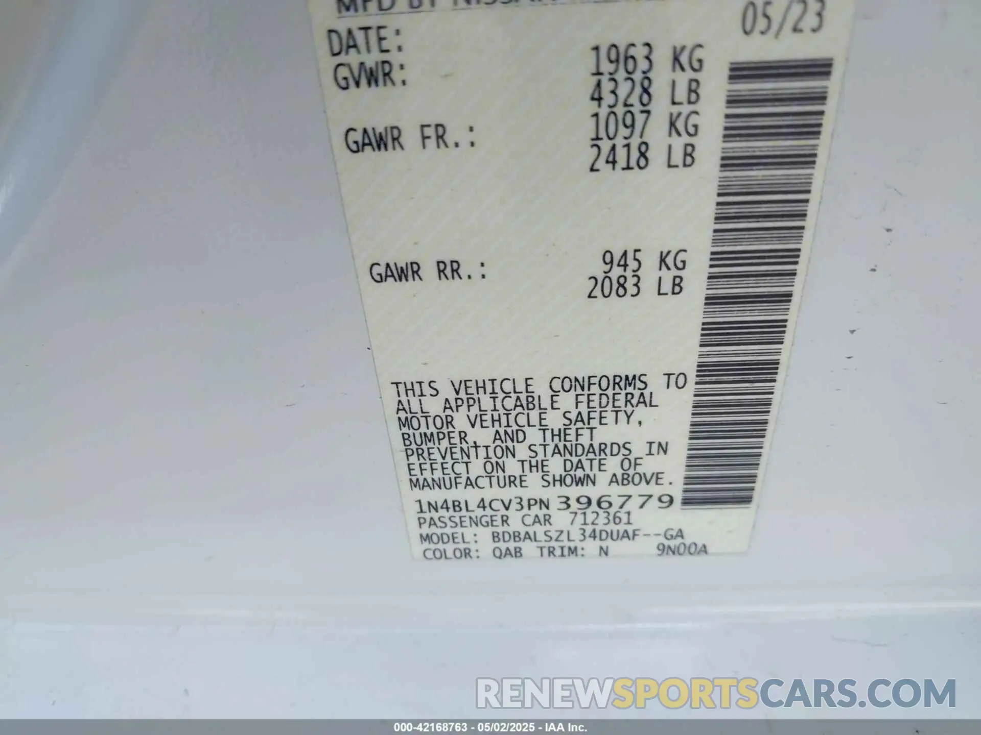 9 Фотография поврежденного автомобиля 1N4BL4CV3PN396779 NISSAN ALTIMA 2023