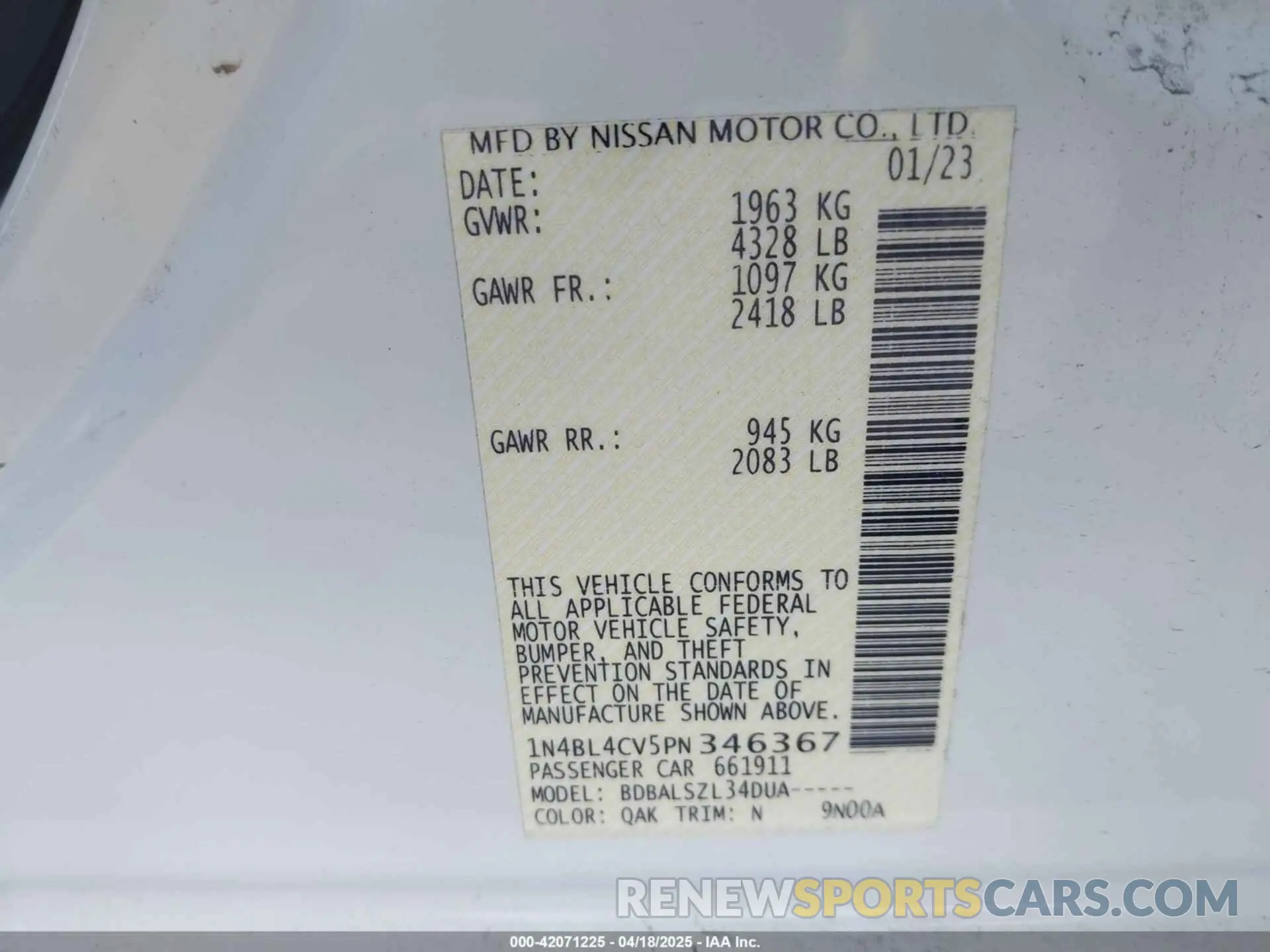 9 Фотография поврежденного автомобиля 1N4BL4CV5PN346367 NISSAN ALTIMA 2023