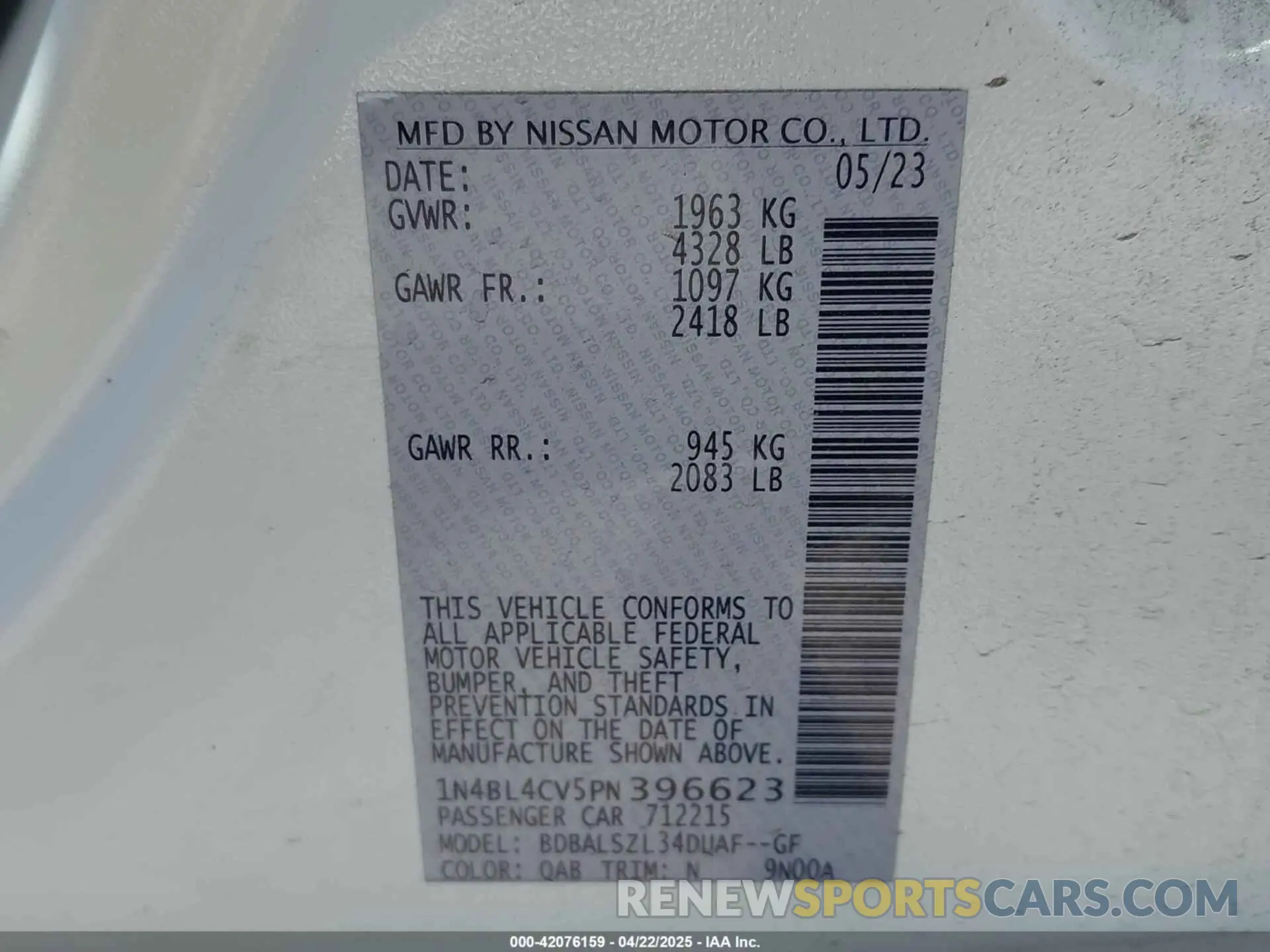 9 Photograph of a damaged car 1N4BL4CV5PN396623 NISSAN ALTIMA 2023