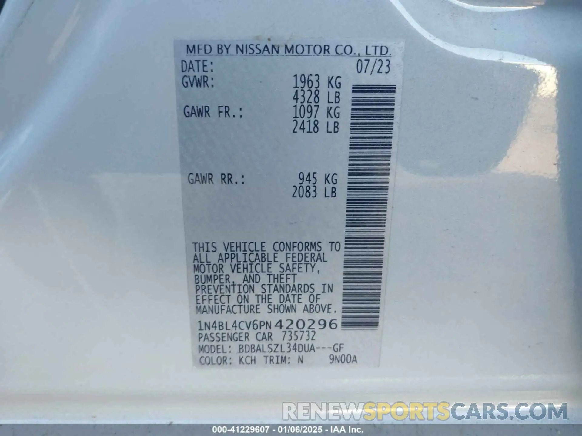 9 Photograph of a damaged car 1N4BL4CV6PN420296 NISSAN ALTIMA 2023
