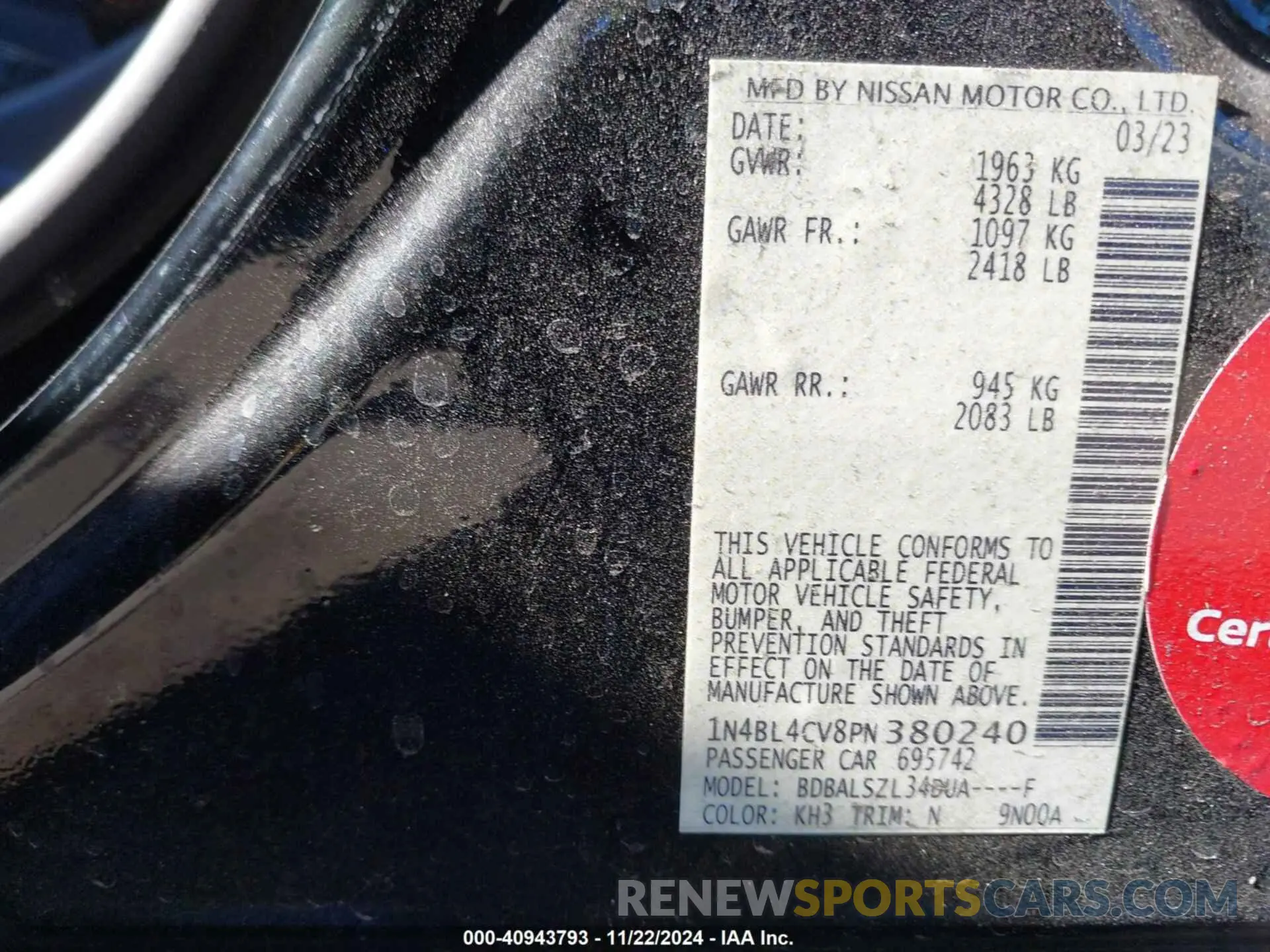 9 Photograph of a damaged car 1N4BL4CV8PN380240 NISSAN ALTIMA 2023