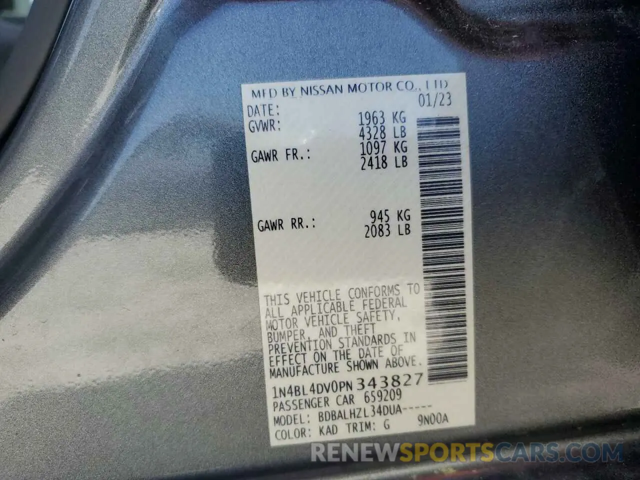 12 Photograph of a damaged car 1N4BL4DV0PN343827 NISSAN ALTIMA 2023