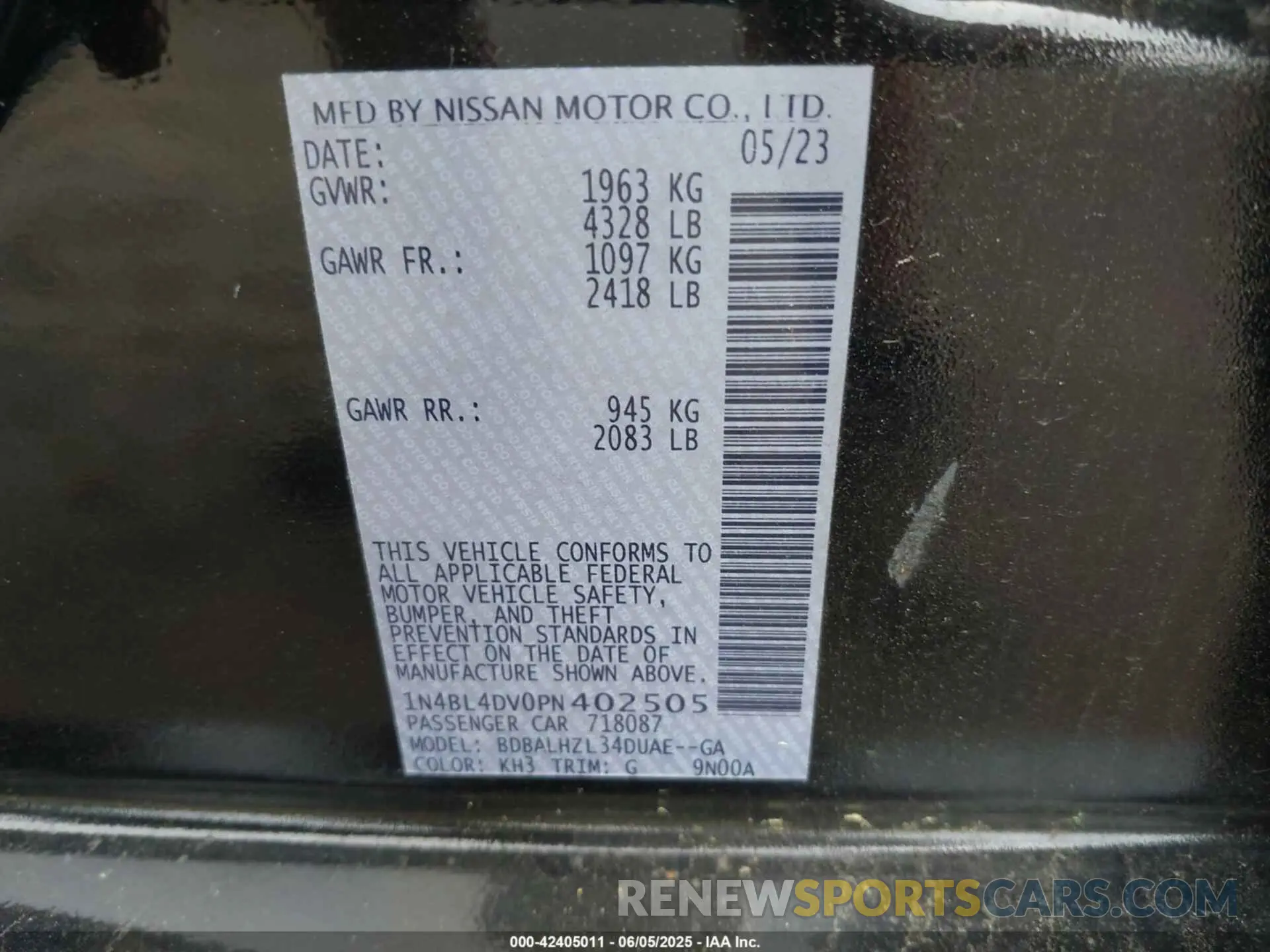 9 Photograph of a damaged car 1N4BL4DV0PN402505 NISSAN ALTIMA 2023