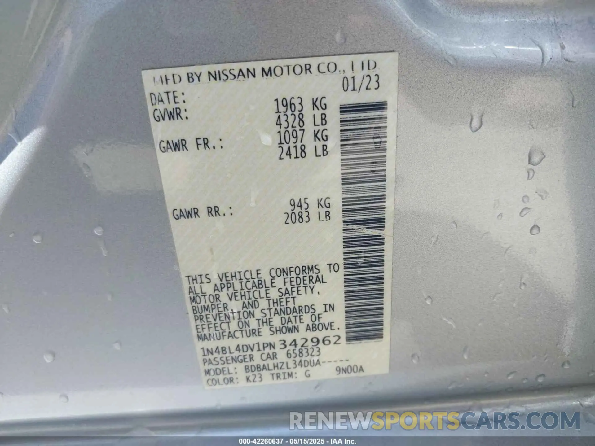 9 Фотография поврежденного автомобиля 1N4BL4DV1PN342962 NISSAN ALTIMA 2023