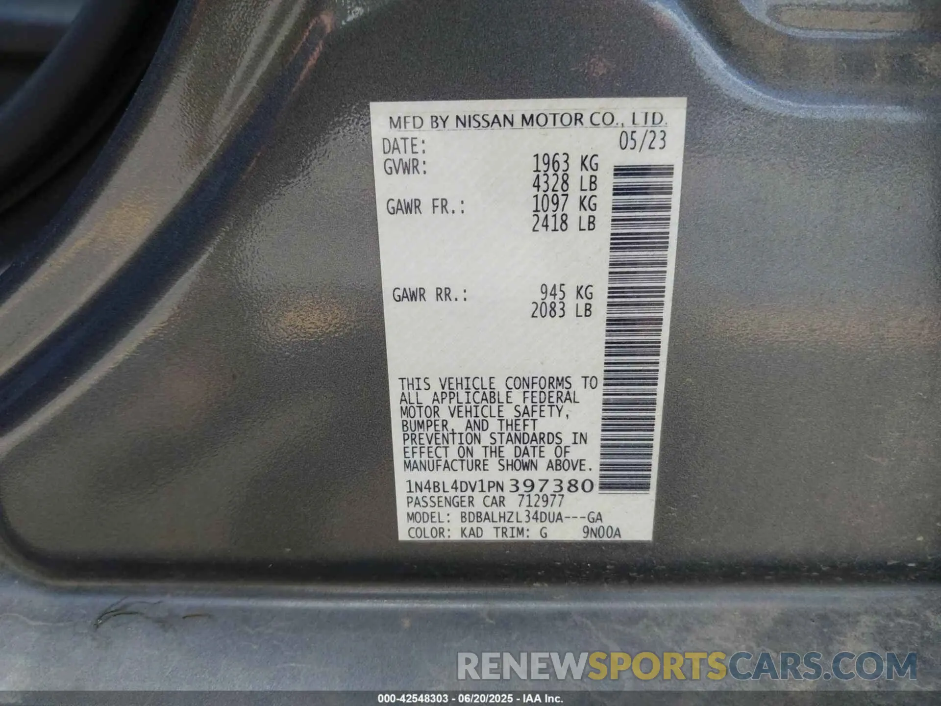 9 Photograph of a damaged car 1N4BL4DV1PN397380 NISSAN ALTIMA 2023