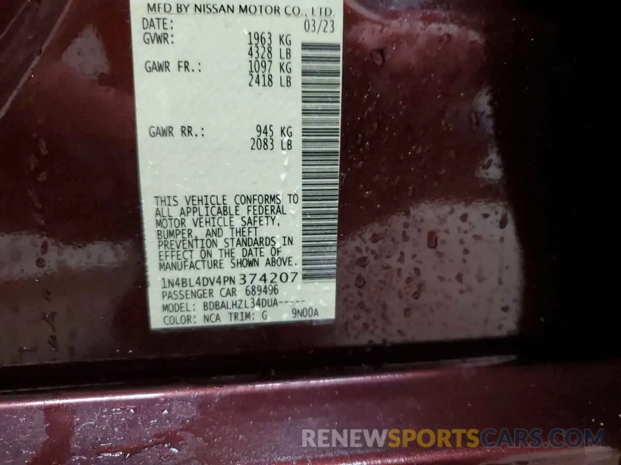 12 Photograph of a damaged car 1N4BL4DV4PN374207 NISSAN ALTIMA 2023