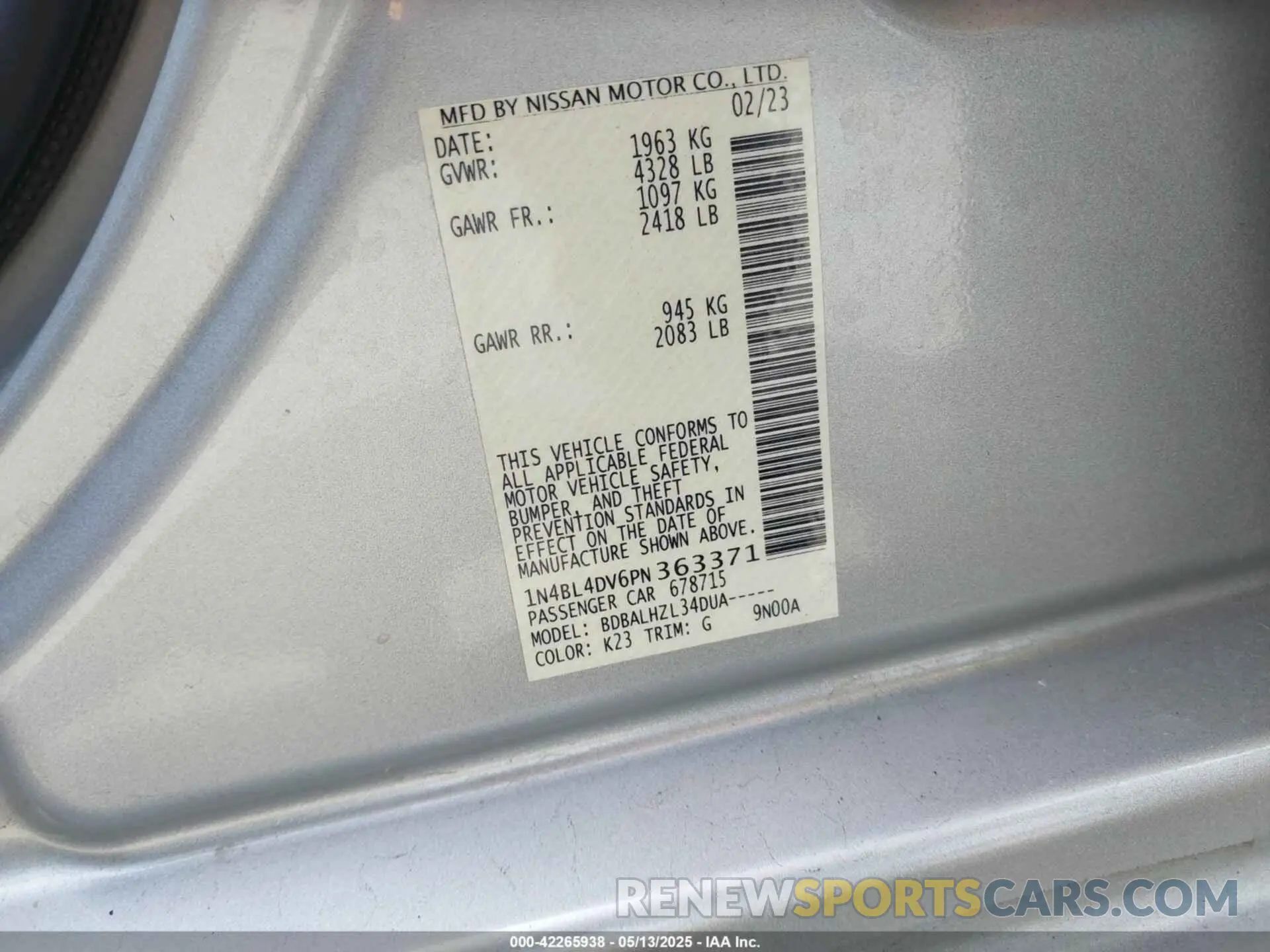 9 Фотография поврежденного автомобиля 1N4BL4DV6PN363371 NISSAN ALTIMA 2023