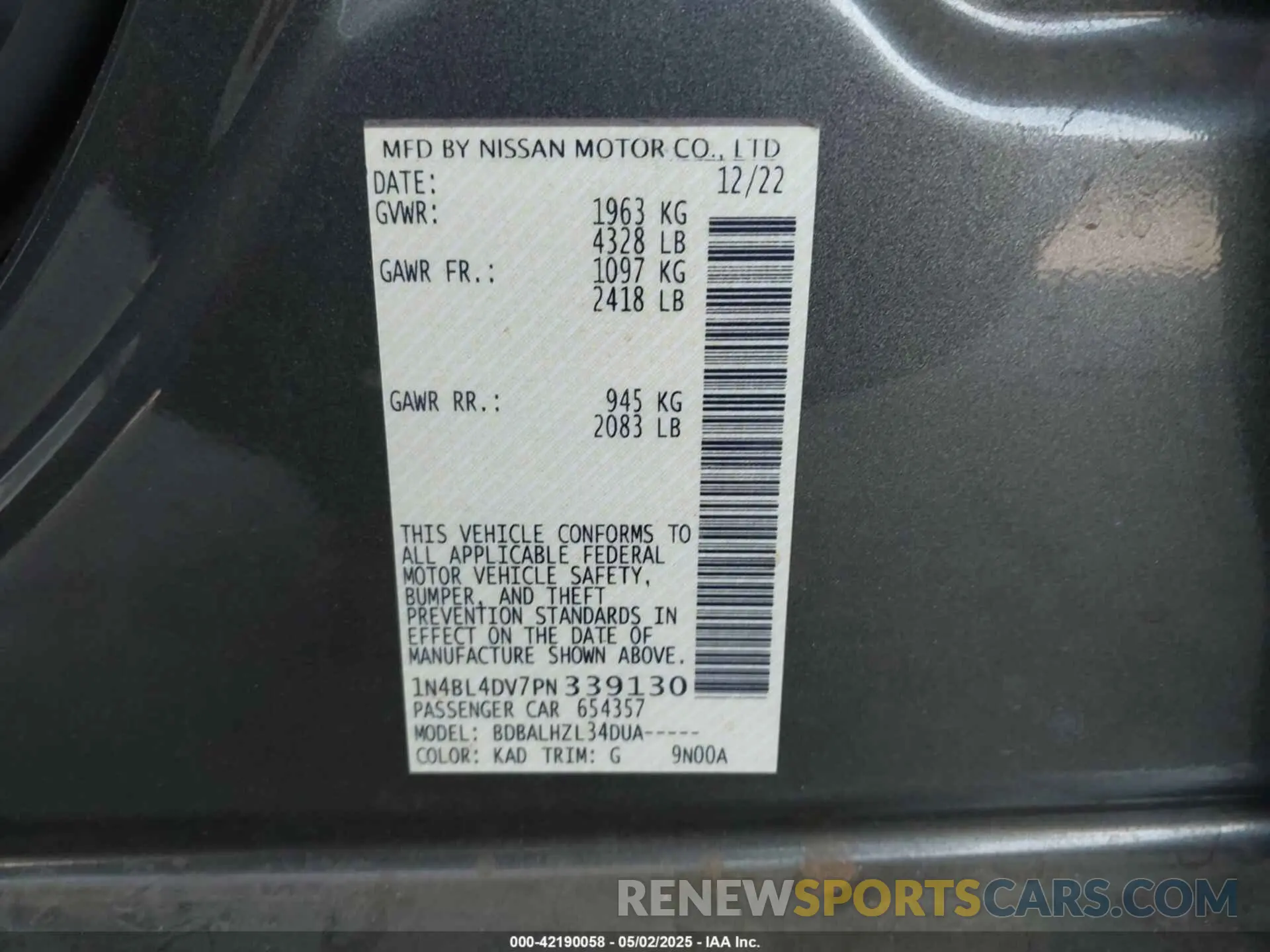 9 Photograph of a damaged car 1N4BL4DV7PN339130 NISSAN ALTIMA 2023
