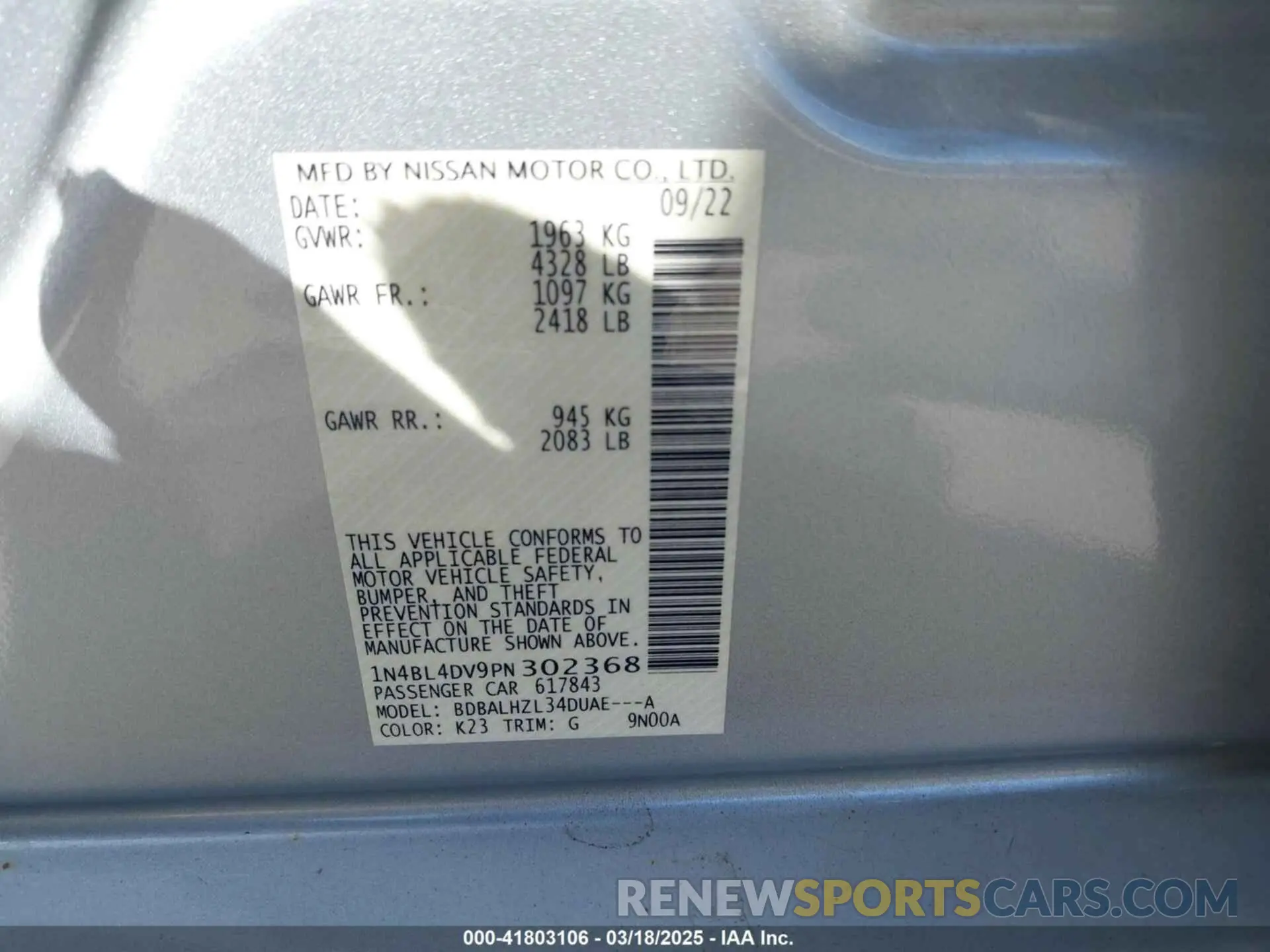 9 Photograph of a damaged car 1N4BL4DV9PN302368 NISSAN ALTIMA 2023