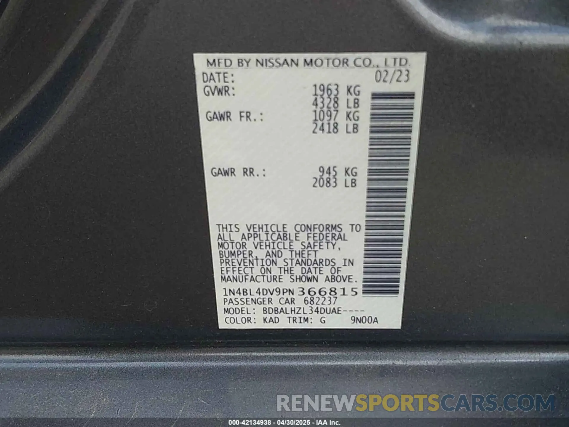 9 Фотография поврежденного автомобиля 1N4BL4DV9PN366815 NISSAN ALTIMA 2023