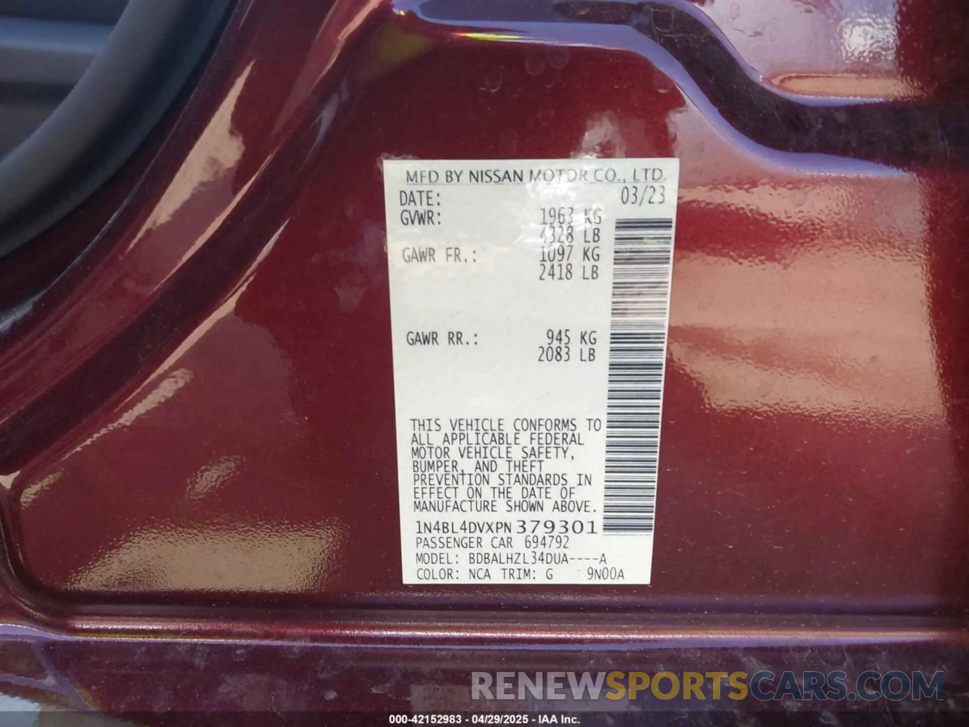 9 Фотография поврежденного автомобиля 1N4BL4DVXPN379301 NISSAN ALTIMA 2023