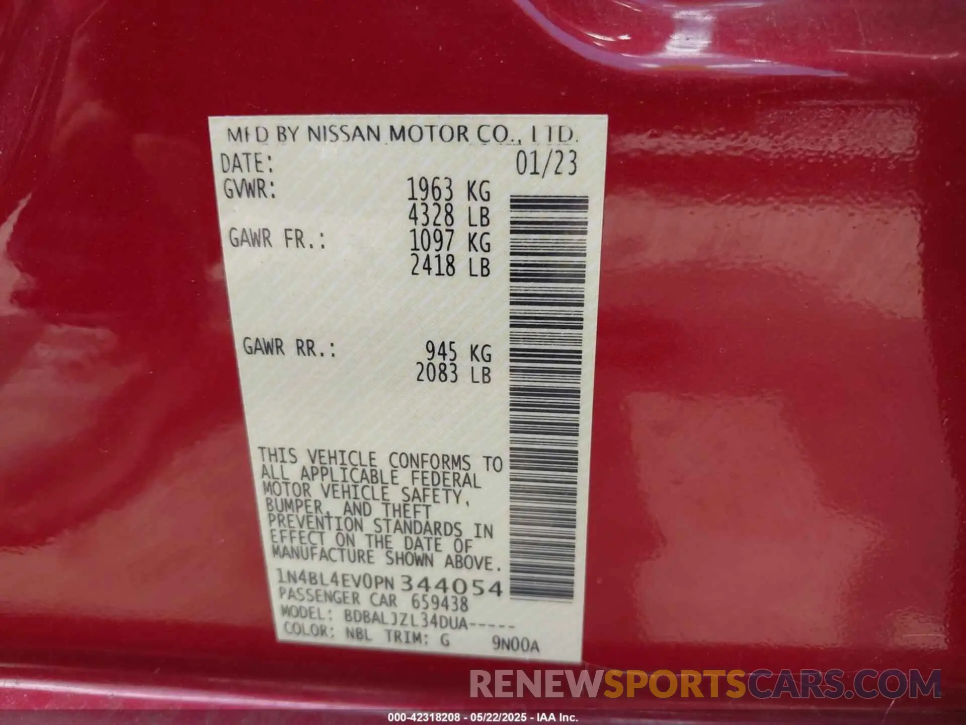 9 Photograph of a damaged car 1N4BL4EV0PN344054 NISSAN ALTIMA 2023