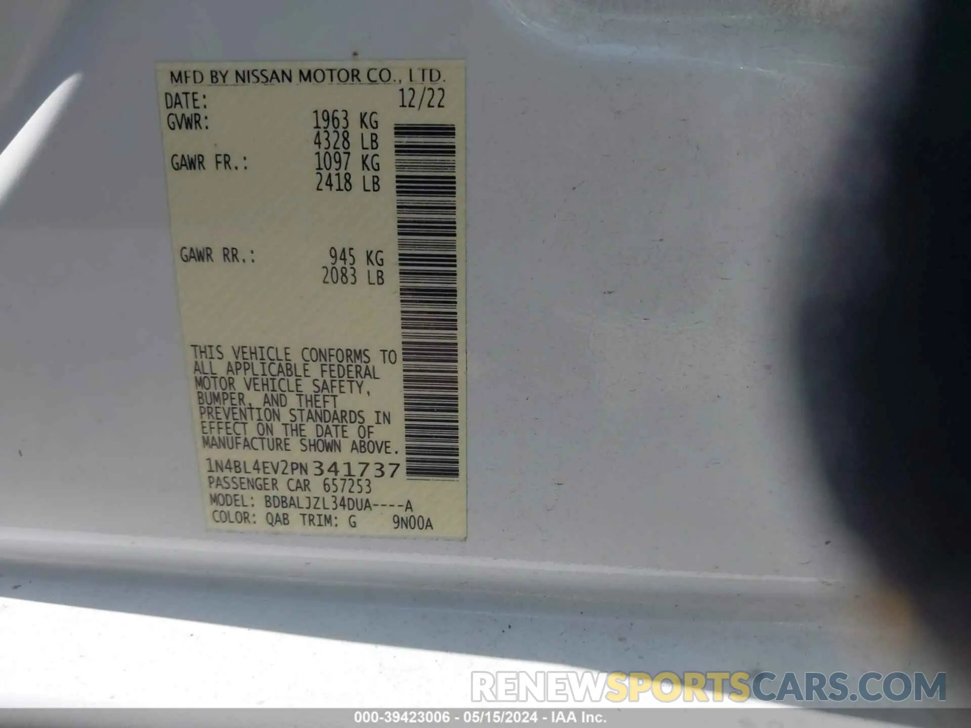 9 Photograph of a damaged car 1N4BL4EV2PN341737 NISSAN ALTIMA 2023