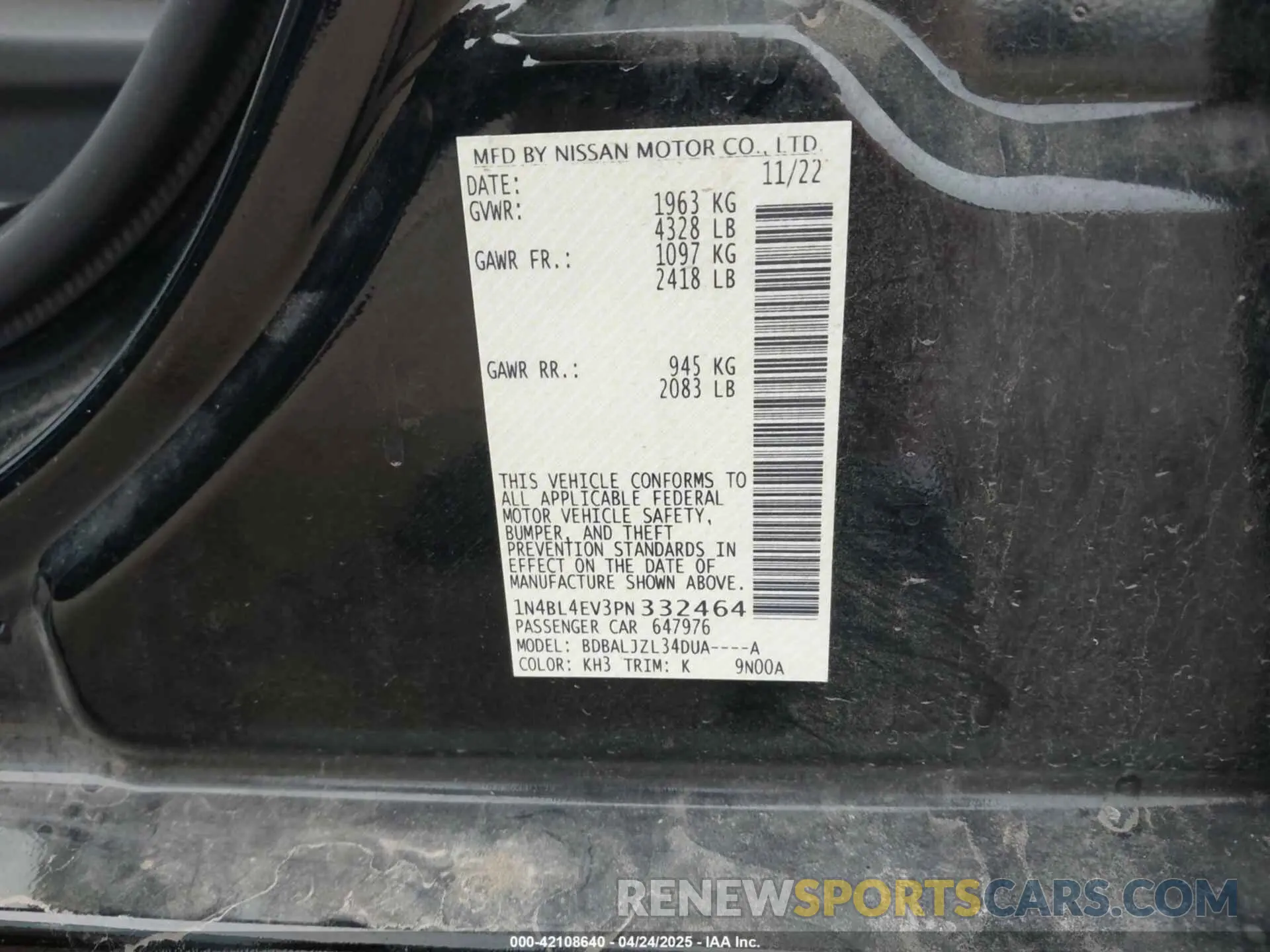9 Photograph of a damaged car 1N4BL4EV3PN332464 NISSAN ALTIMA 2023