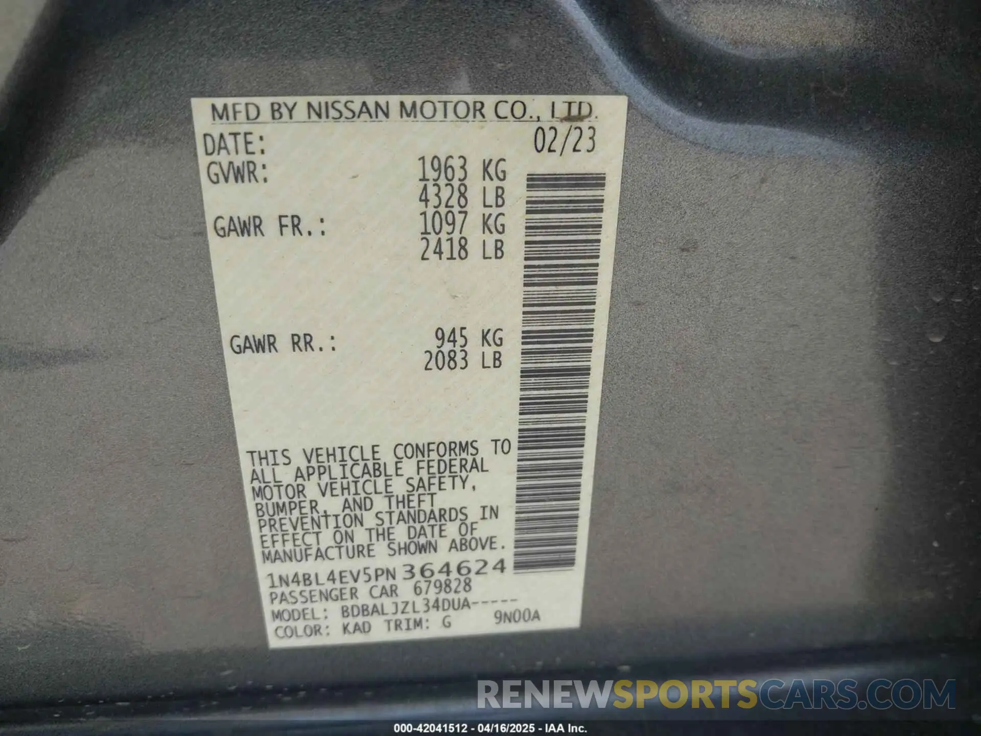 9 Photograph of a damaged car 1N4BL4EV5PN364624 NISSAN ALTIMA 2023