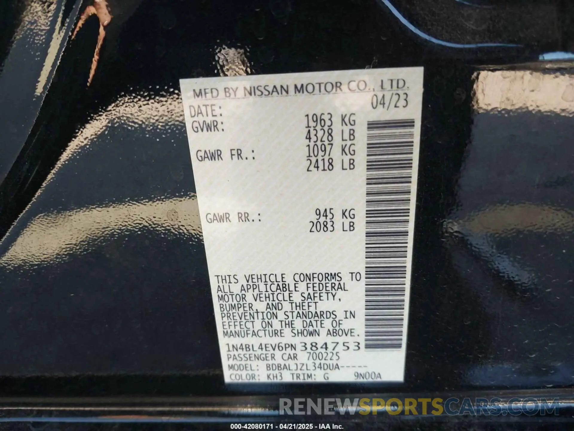 9 Photograph of a damaged car 1N4BL4EV6PN384753 NISSAN ALTIMA 2023