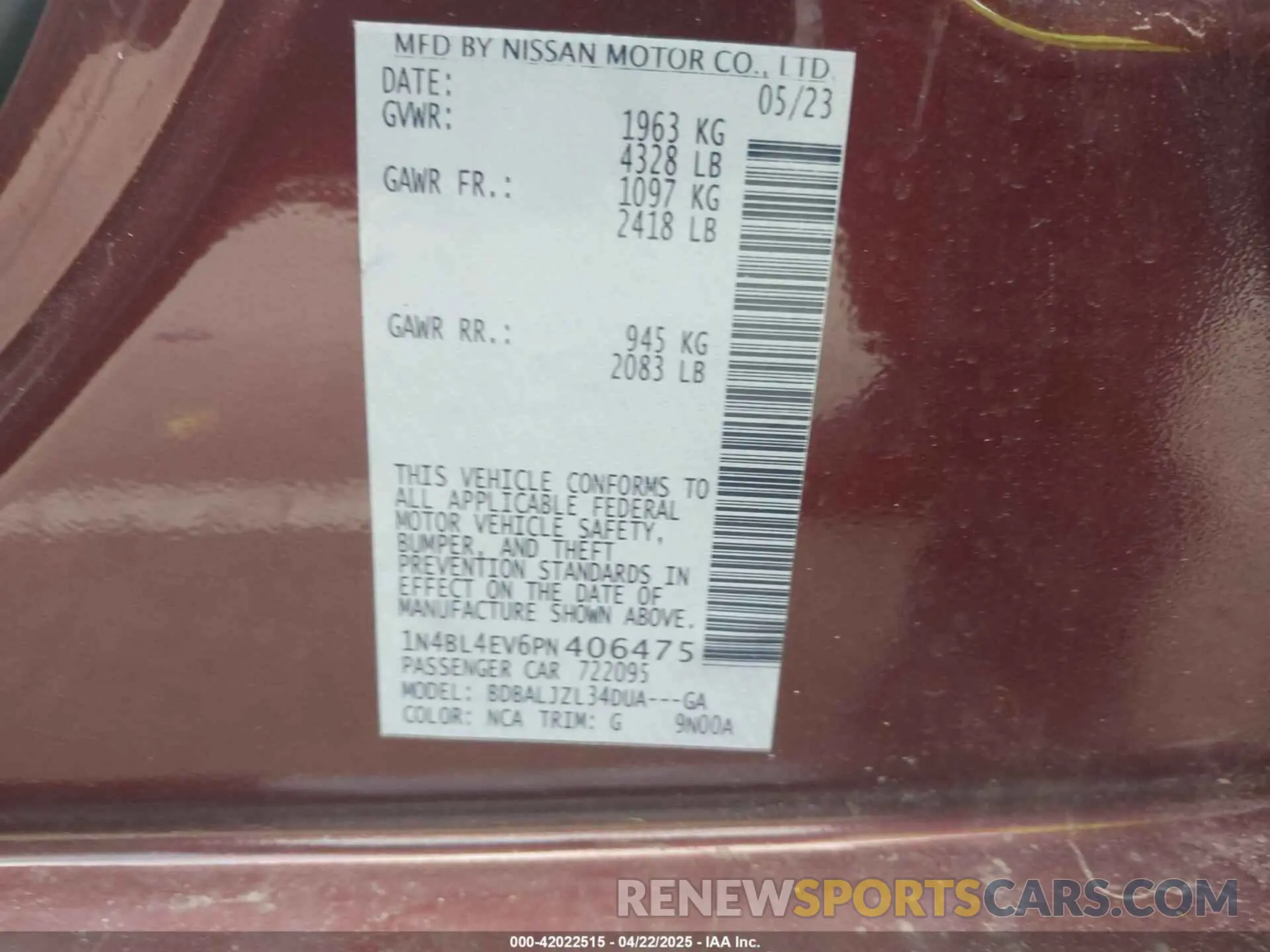 9 Фотография поврежденного автомобиля 1N4BL4EV6PN406475 NISSAN ALTIMA 2023