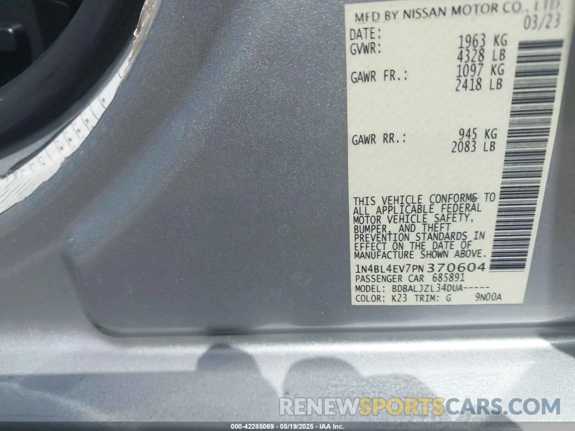9 Фотография поврежденного автомобиля 1N4BL4EV7PN370604 NISSAN ALTIMA 2023