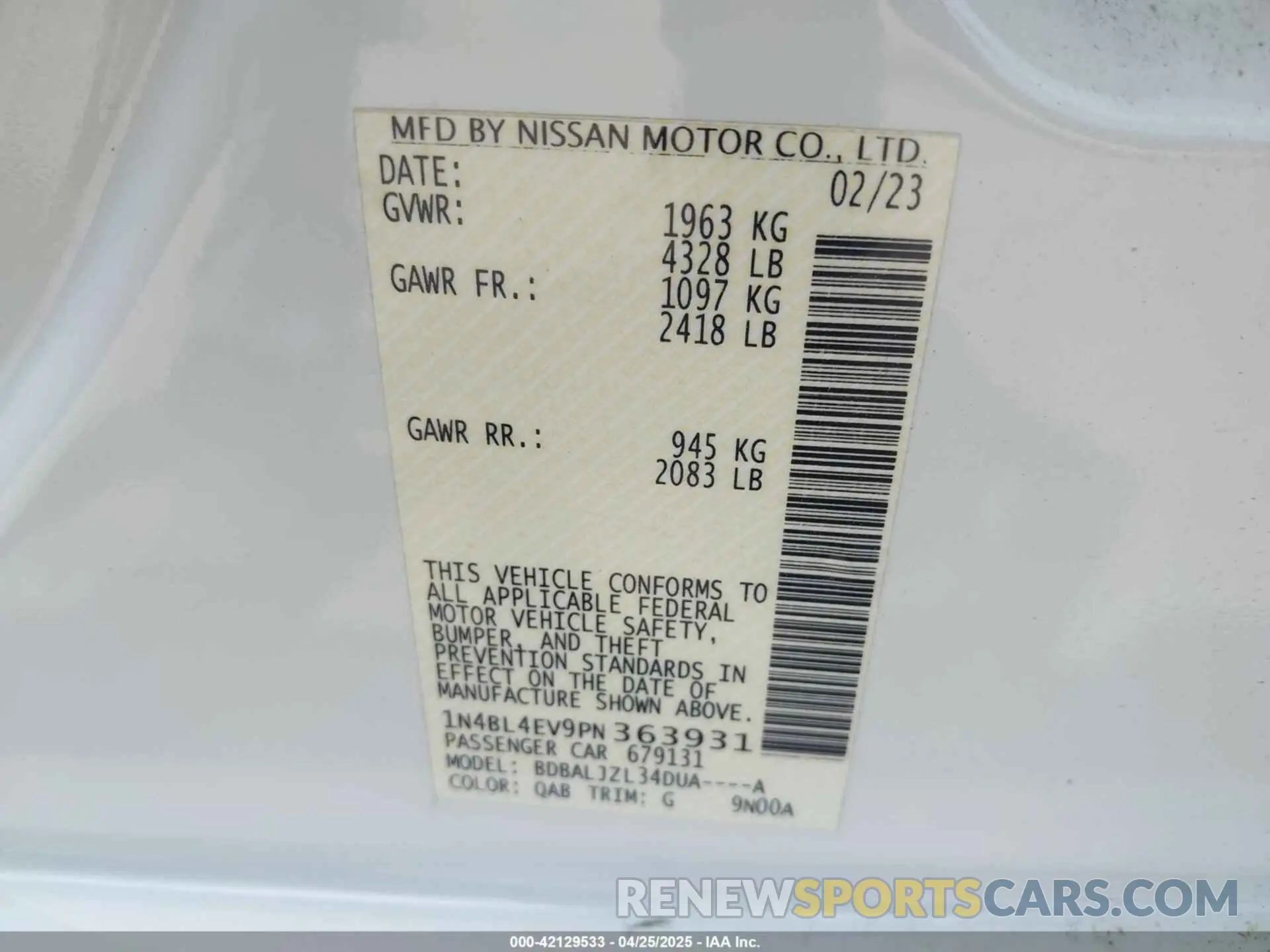 9 Photograph of a damaged car 1N4BL4EV9PN363931 NISSAN ALTIMA 2023