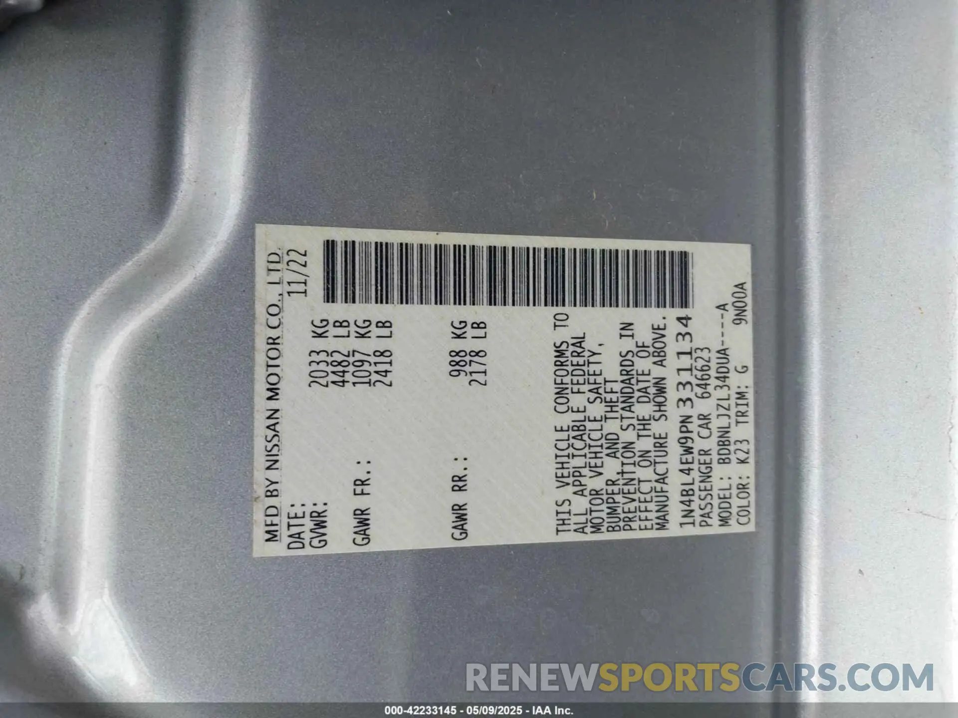 9 Фотография поврежденного автомобиля 1N4BL4EW9PN331134 NISSAN ALTIMA 2023
