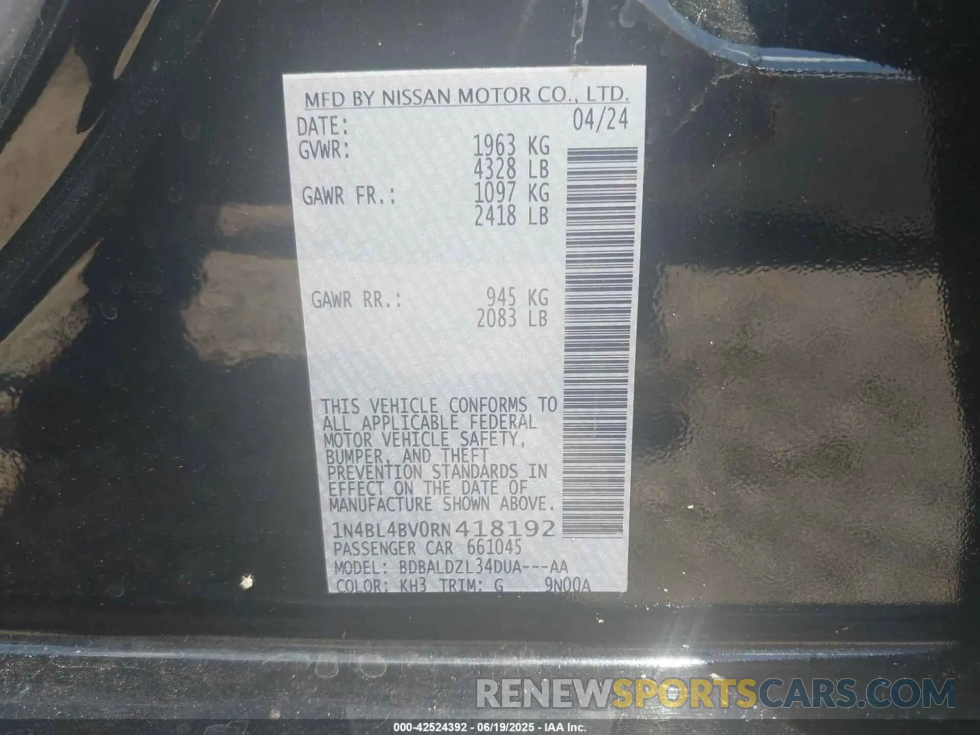 9 Photograph of a damaged car 1N4BL4BV0RN418192 NISSAN ALTIMA 2024