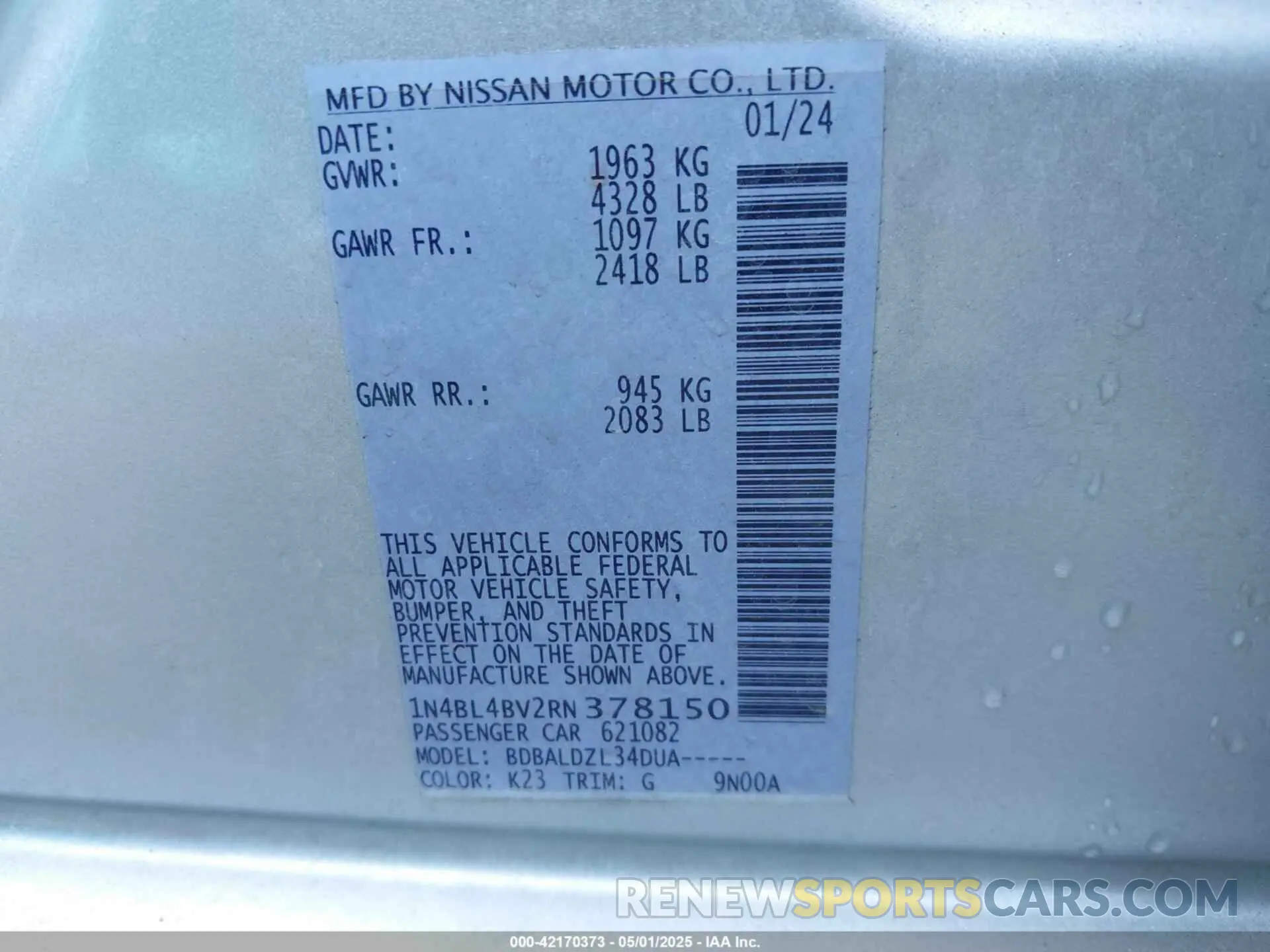 9 Photograph of a damaged car 1N4BL4BV2RN378150 NISSAN ALTIMA 2024