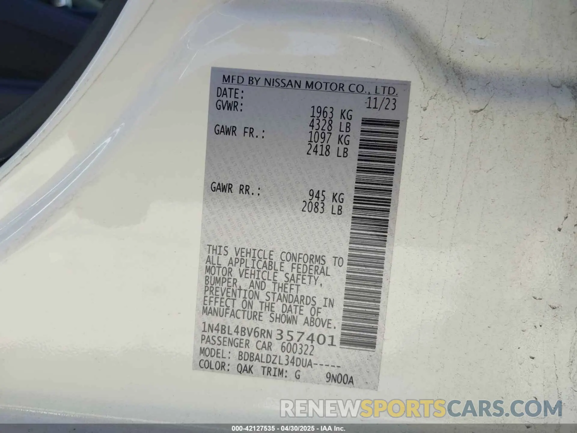 9 Фотография поврежденного автомобиля 1N4BL4BV6RN357401 NISSAN ALTIMA 2024