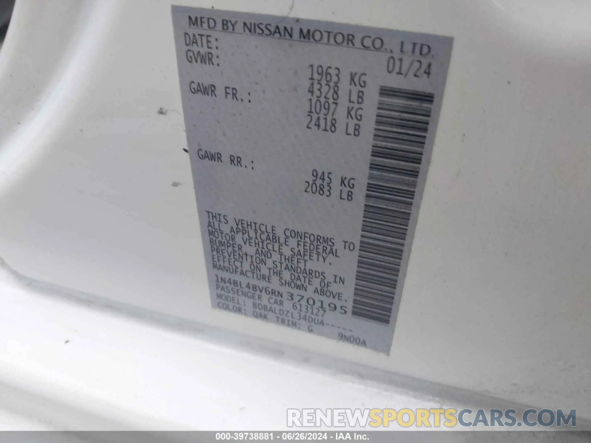 9 Фотография поврежденного автомобиля 1N4BL4BV6RN370195 NISSAN ALTIMA 2024