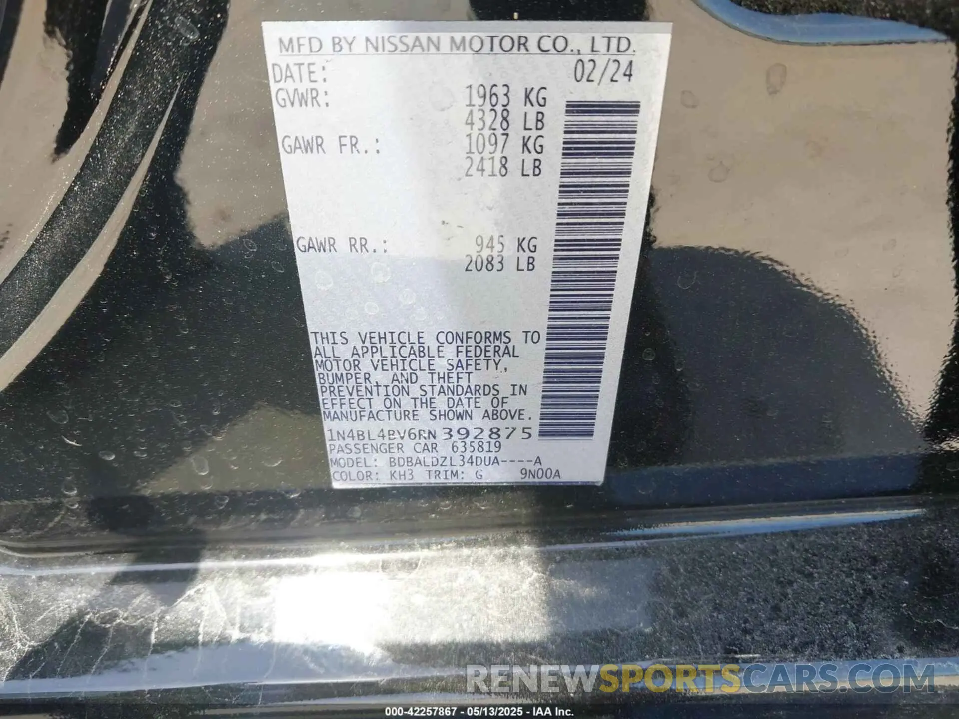 9 Photograph of a damaged car 1N4BL4BV6RN392875 NISSAN ALTIMA 2024