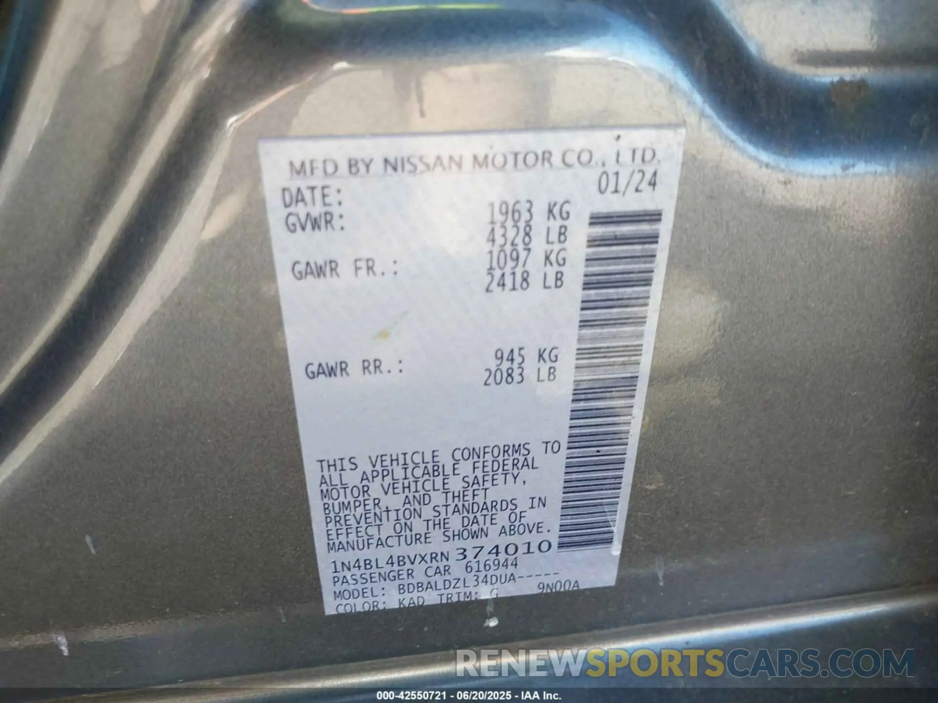 9 Фотография поврежденного автомобиля 1N4BL4BVXRN374010 NISSAN ALTIMA 2024